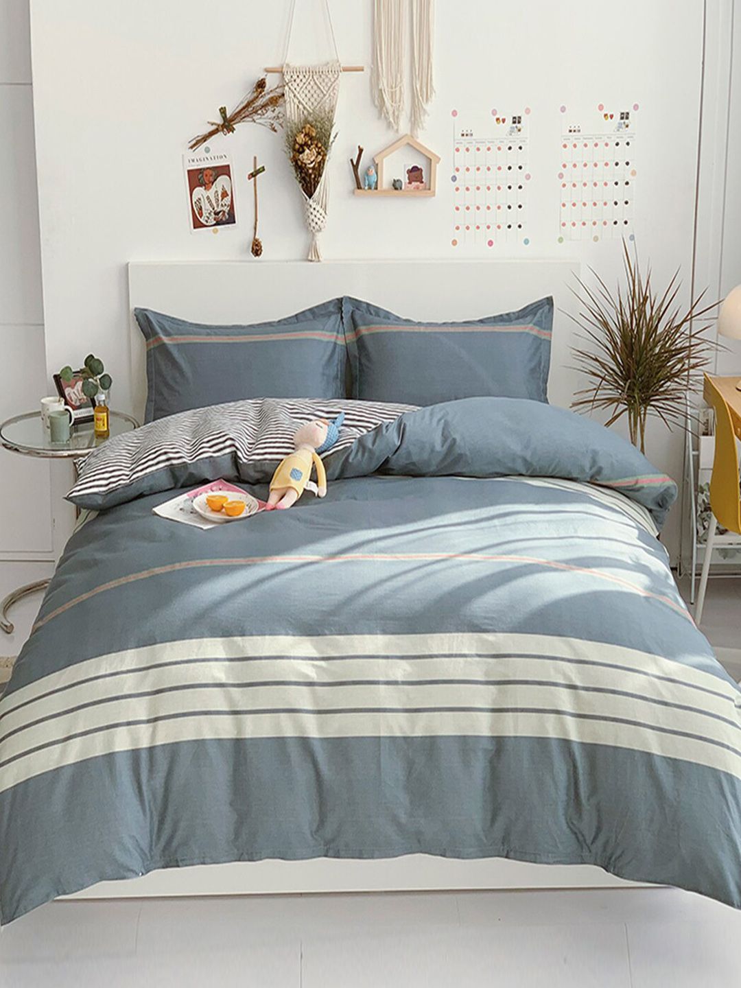 JC Collection Grey Striped Pure Cotton Single Bedding Set Price in India