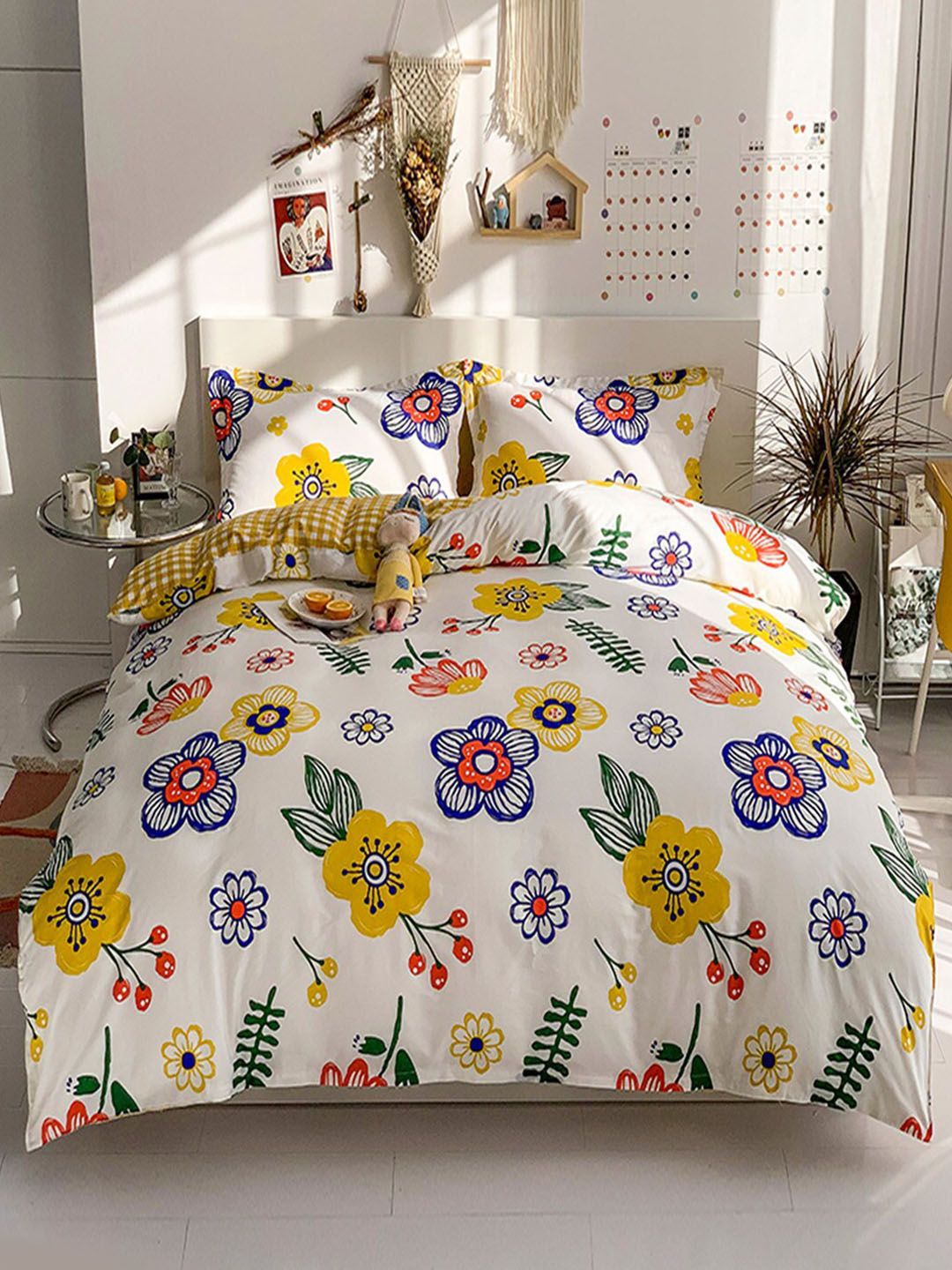 JC Collection Yellow & White Printed Pure Cotton Double King Bedding Set Price in India