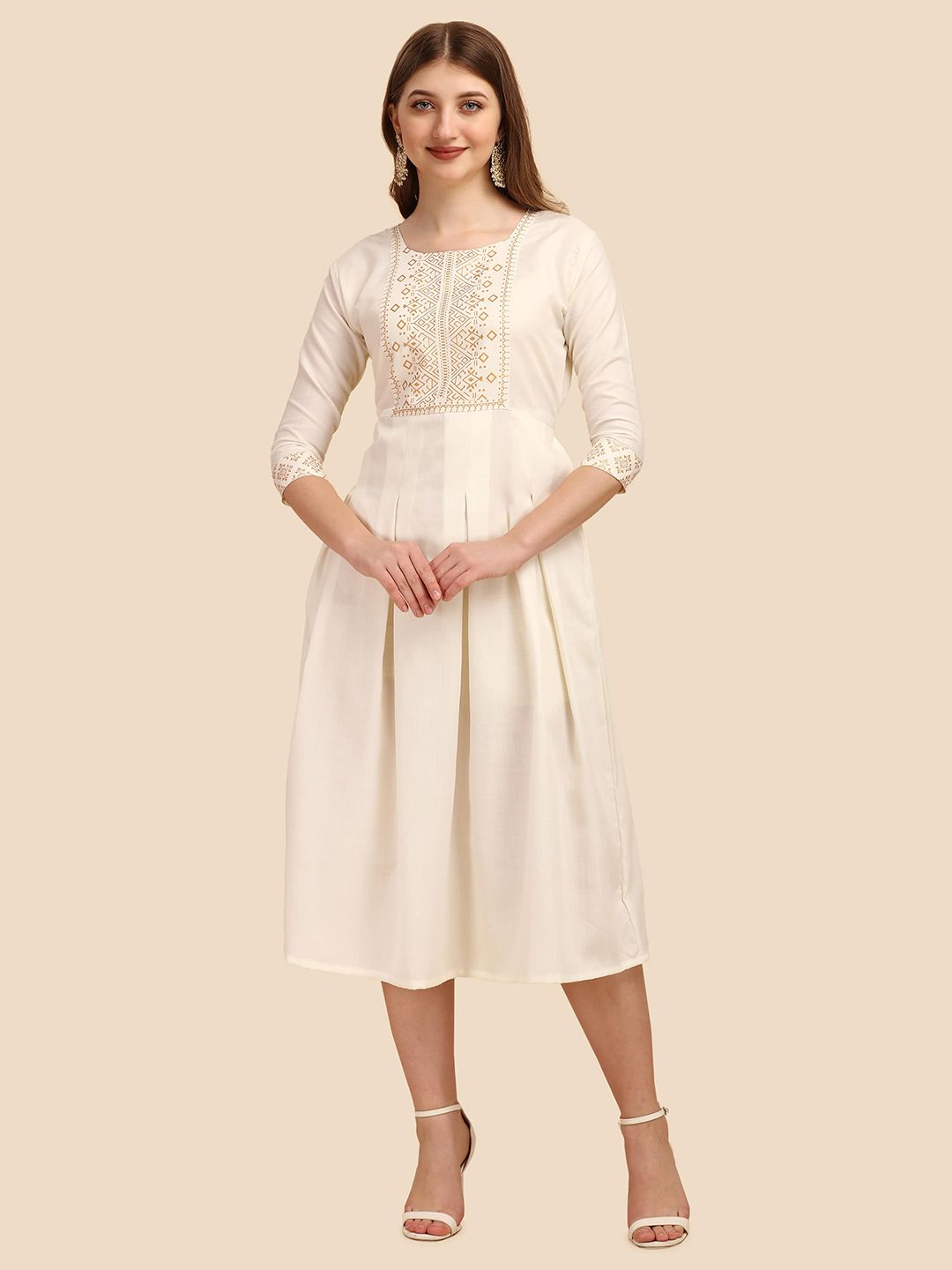 Paralians White Ethnic Motifs A-Line Midi Dress Price in India