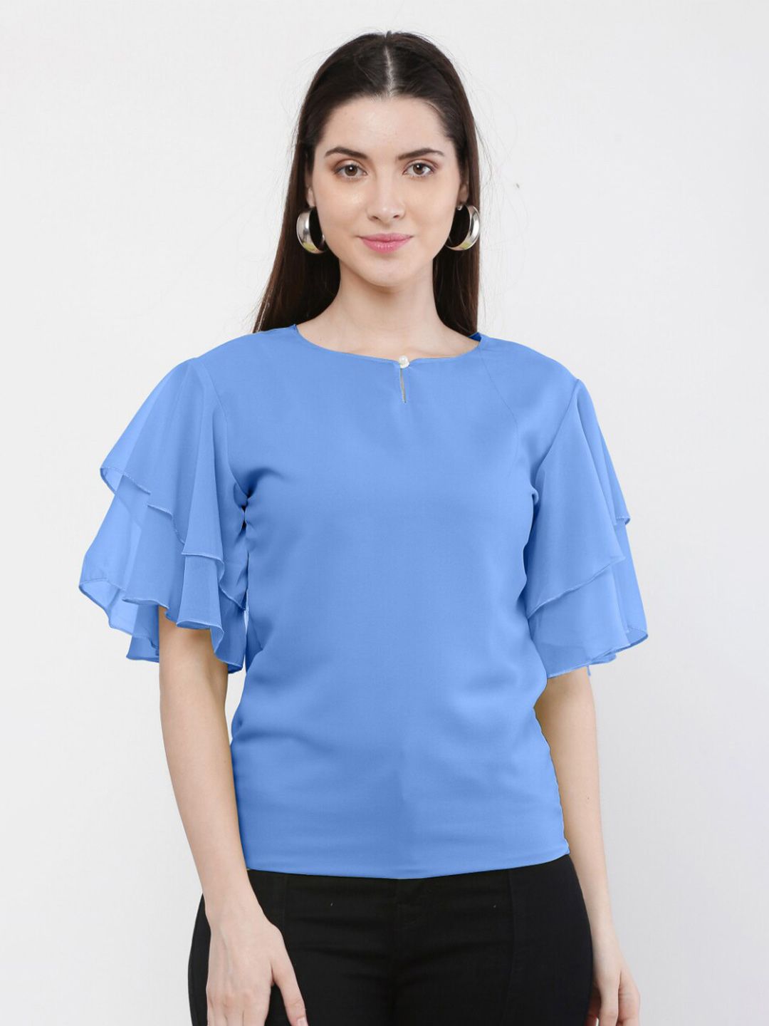 WinEra Blue Keyhole Neck Georgette Top Price in India