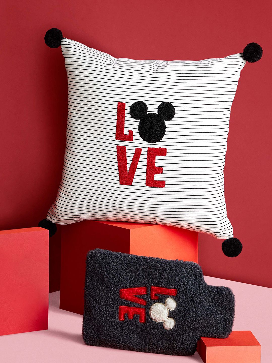 Marks & Spencer Black & White Striped Mickey Mouse Embroidered Cushion Price in India