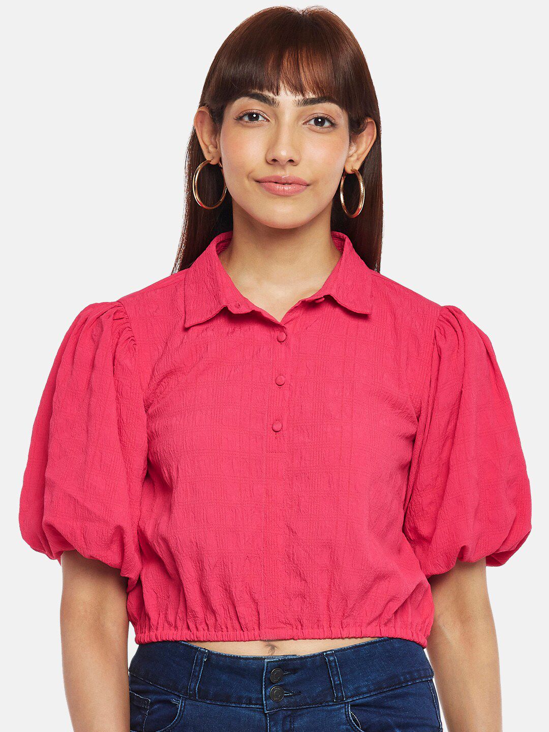 People Pink Shirt Style Crop Top Price in India