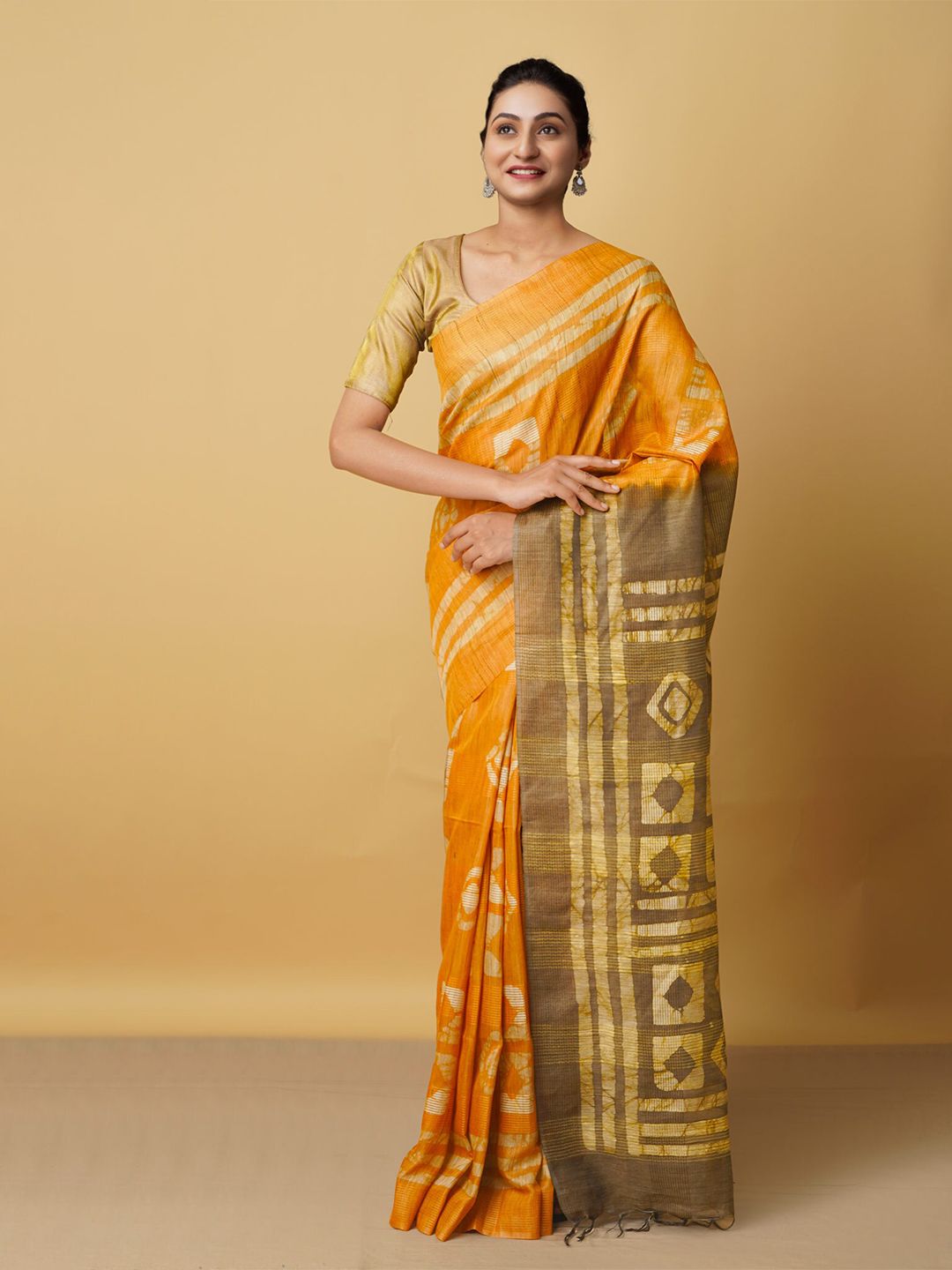 Unnati Silks Orange & Brown Batik Silk Cotton Handloom Bhagalpuri Saree Price in India