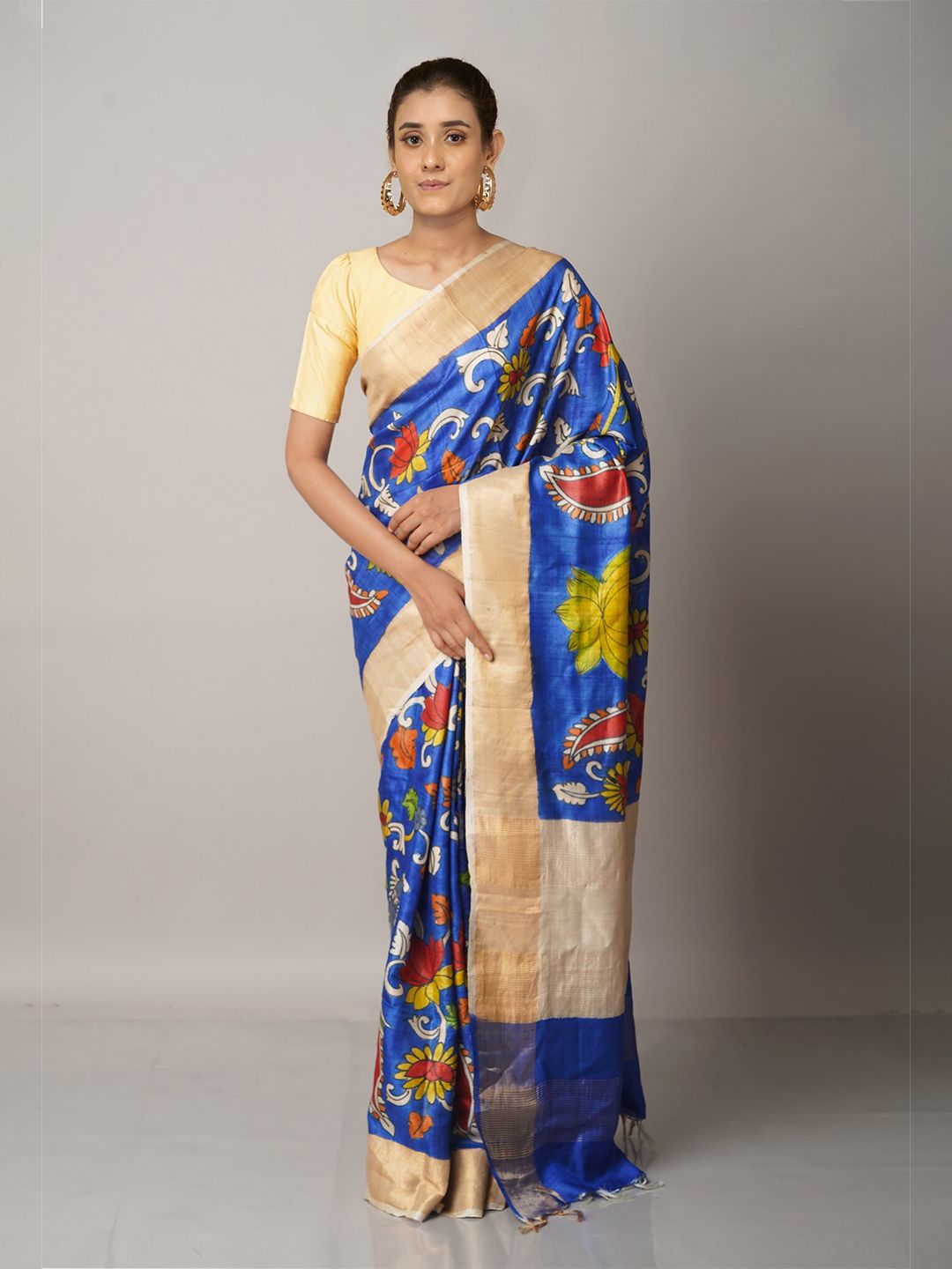 Unnati Silks Blue & Yellow Floral Zari Pure Silk Tussar Saree Price in India