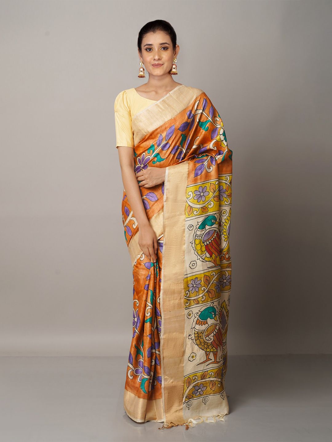 Unnati Silks Orange & Gold-Toned Kalamkari Zari Pure Silk Tussar Saree Price in India