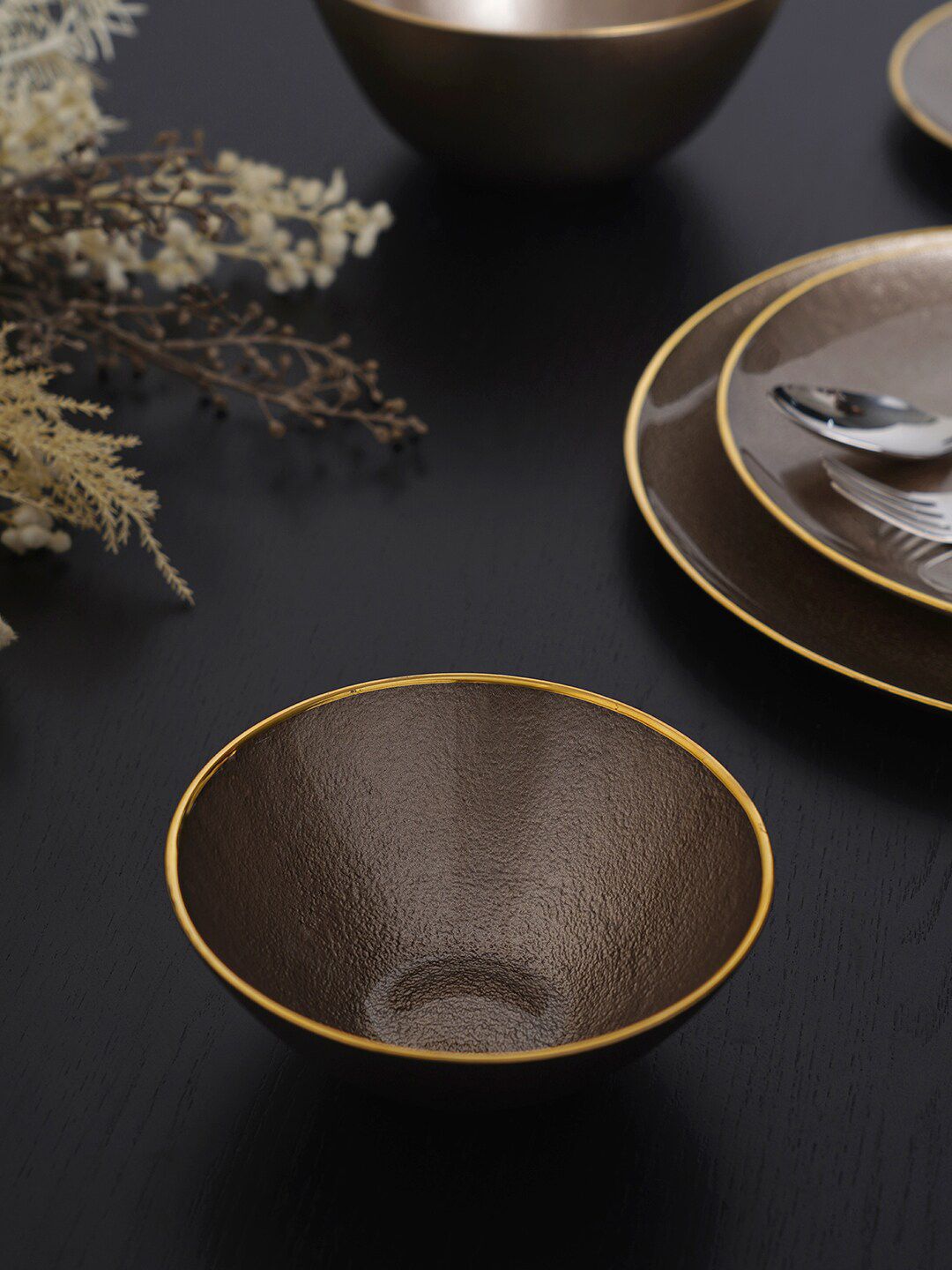 Pure Home and Living Brown & Gold Textured Serving Bowl Price in India