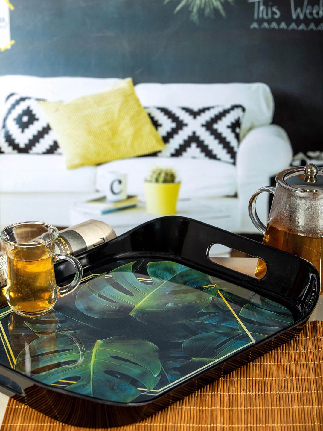 Stehlen Green & Yellow Printed Serving Tray Price in India