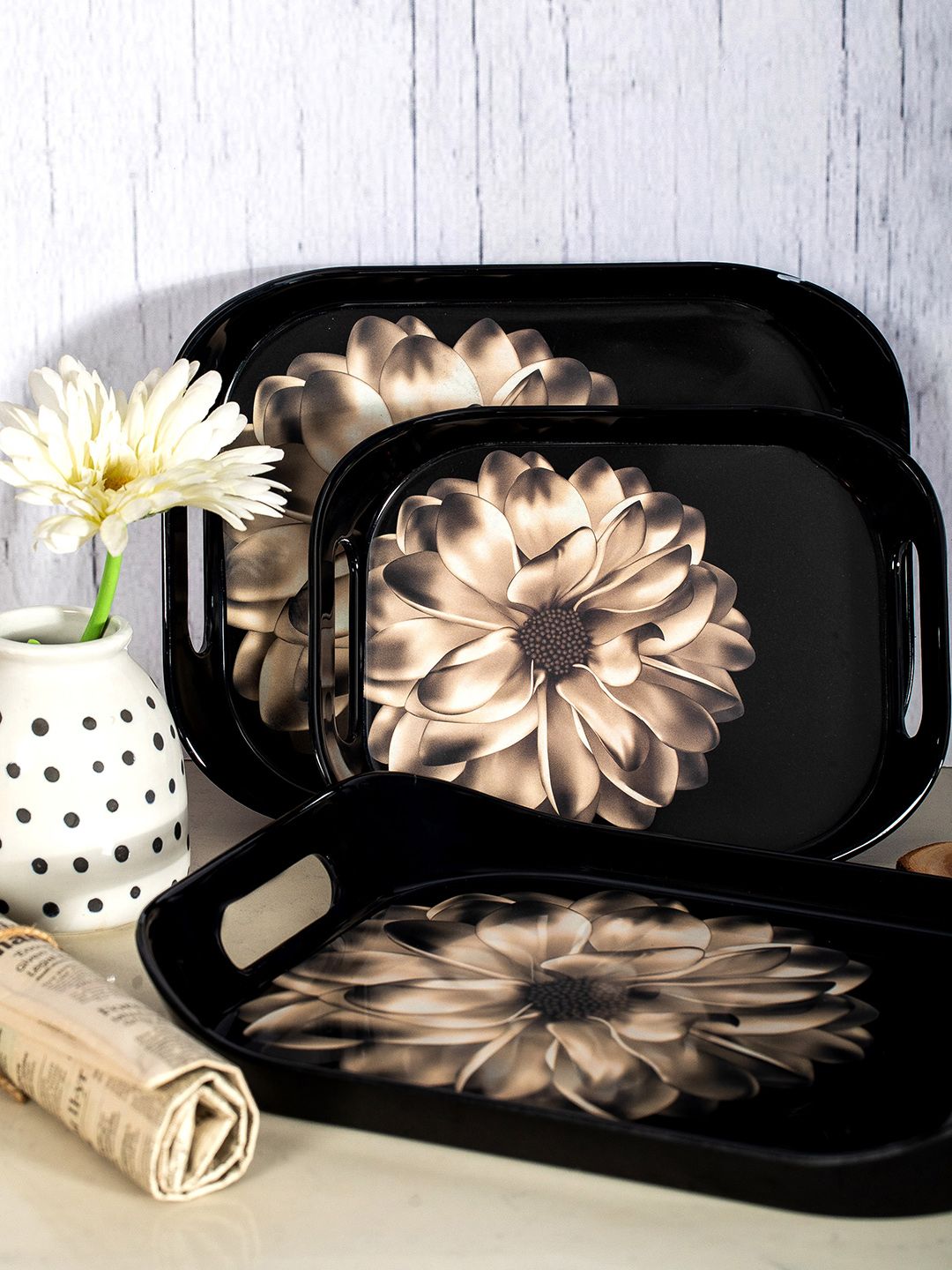 Stehlen Set of 3 Black & Cream Printed Melamine Serving Trays Price in India