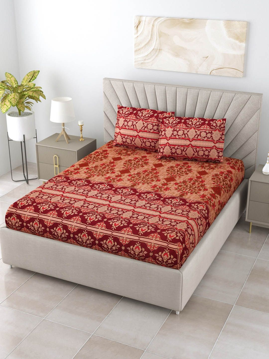 Salona Bichona Maroon & Green Floral 120 TC 100% Cotton King Bedsheet with 2 Pillow Covers Price in India