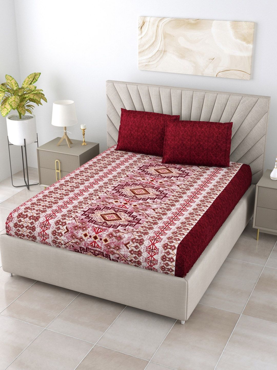 Salona Bichona Ethnic Motifs 120 TC 100% Cotton Queen Bedsheet with 2 Pillow Covers Price in India