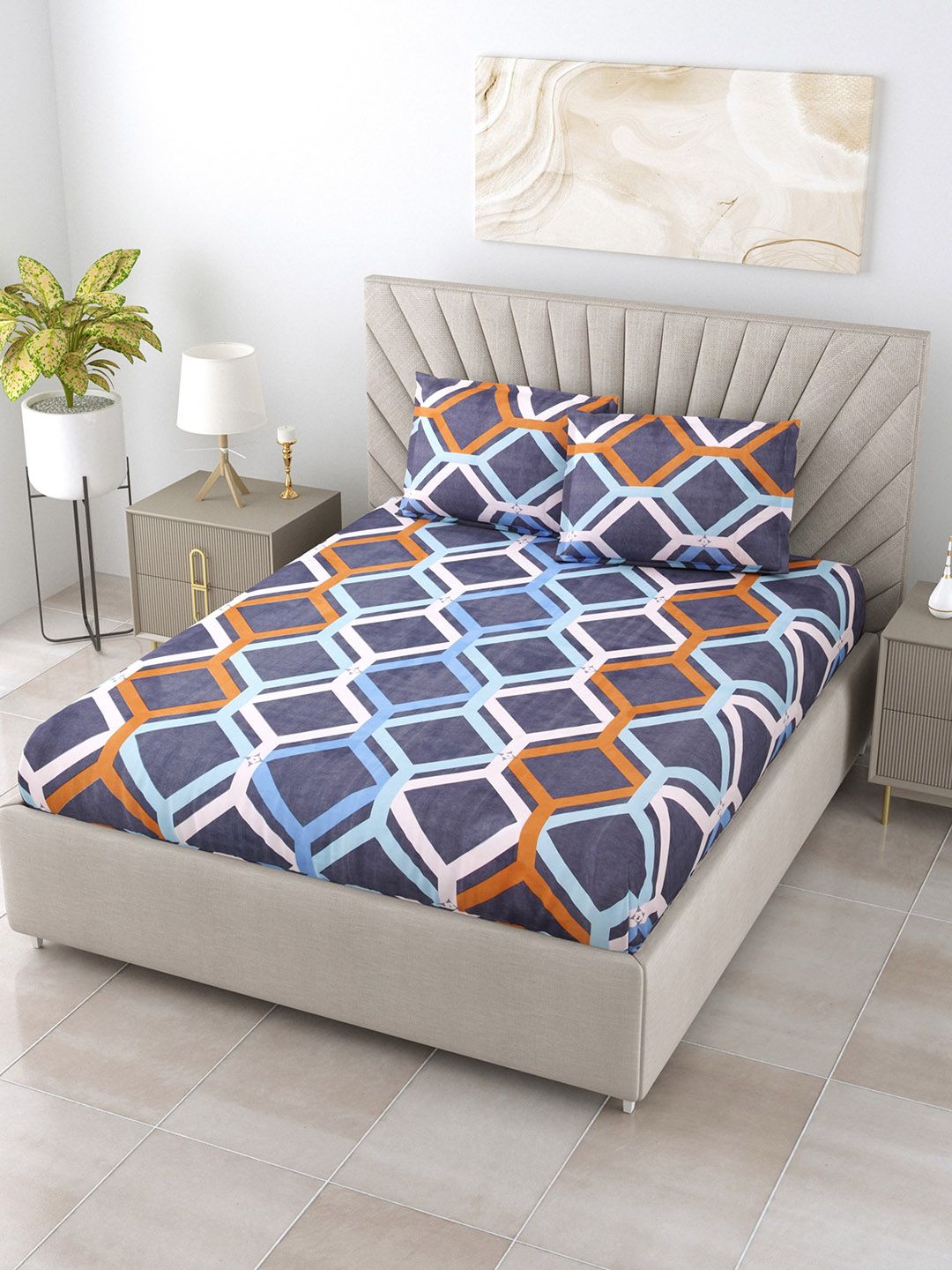 Salona Bichona Blue & White 144 TC Geometric Polyester King Bedsheet with 2 Pillow Covers Price in India