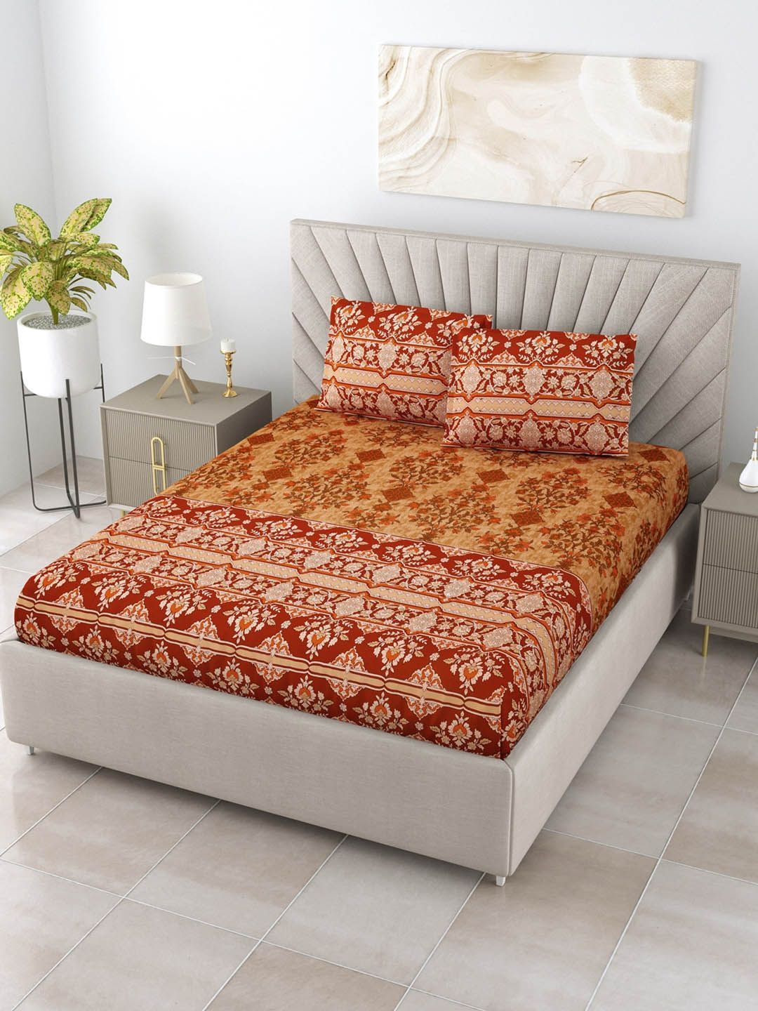 Salona Bichona Mustard & Orange 120 TC Ethnic Pure Cotton King Bedsheet & 2 Pillow Covers Price in India