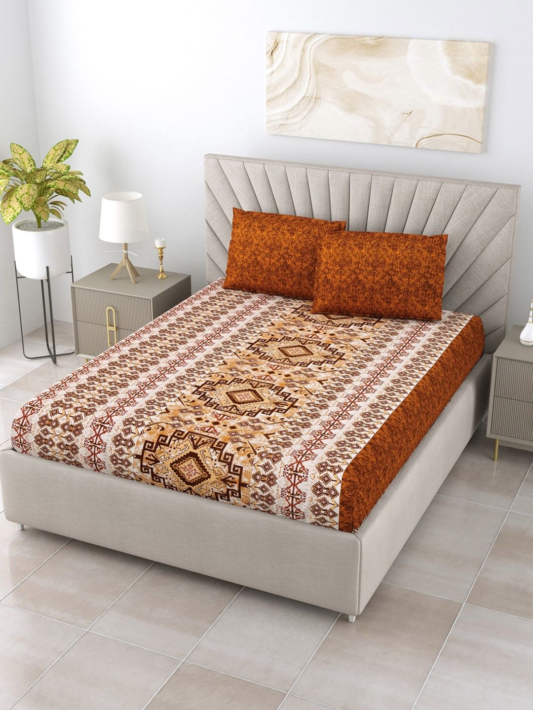 Salona Bichona Mustard & Brown 120 TC Ethnic Pure Cotton Queen Bedsheet & 2 Pillow Covers Price in India