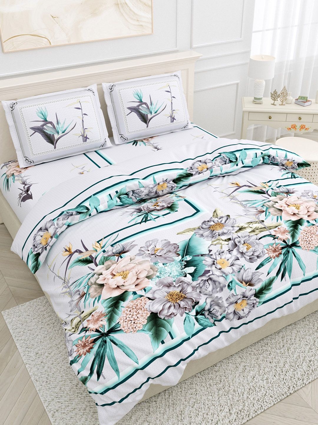 Salona Bichona White & Grey 180 TC Floral Pure Cotton King Bedsheet & 2 Pillow Covers Price in India