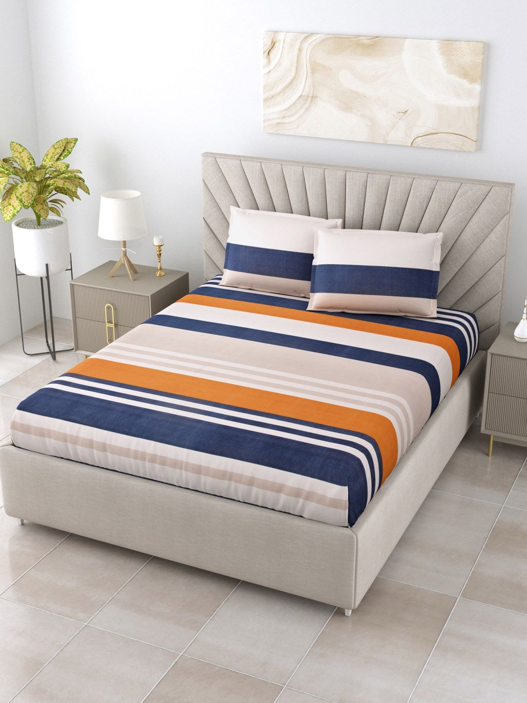 Salona Bichona Navy Blue & Orange 144 TC Striped Polyester King Bedsheet & 2 Pillow Covers Price in India