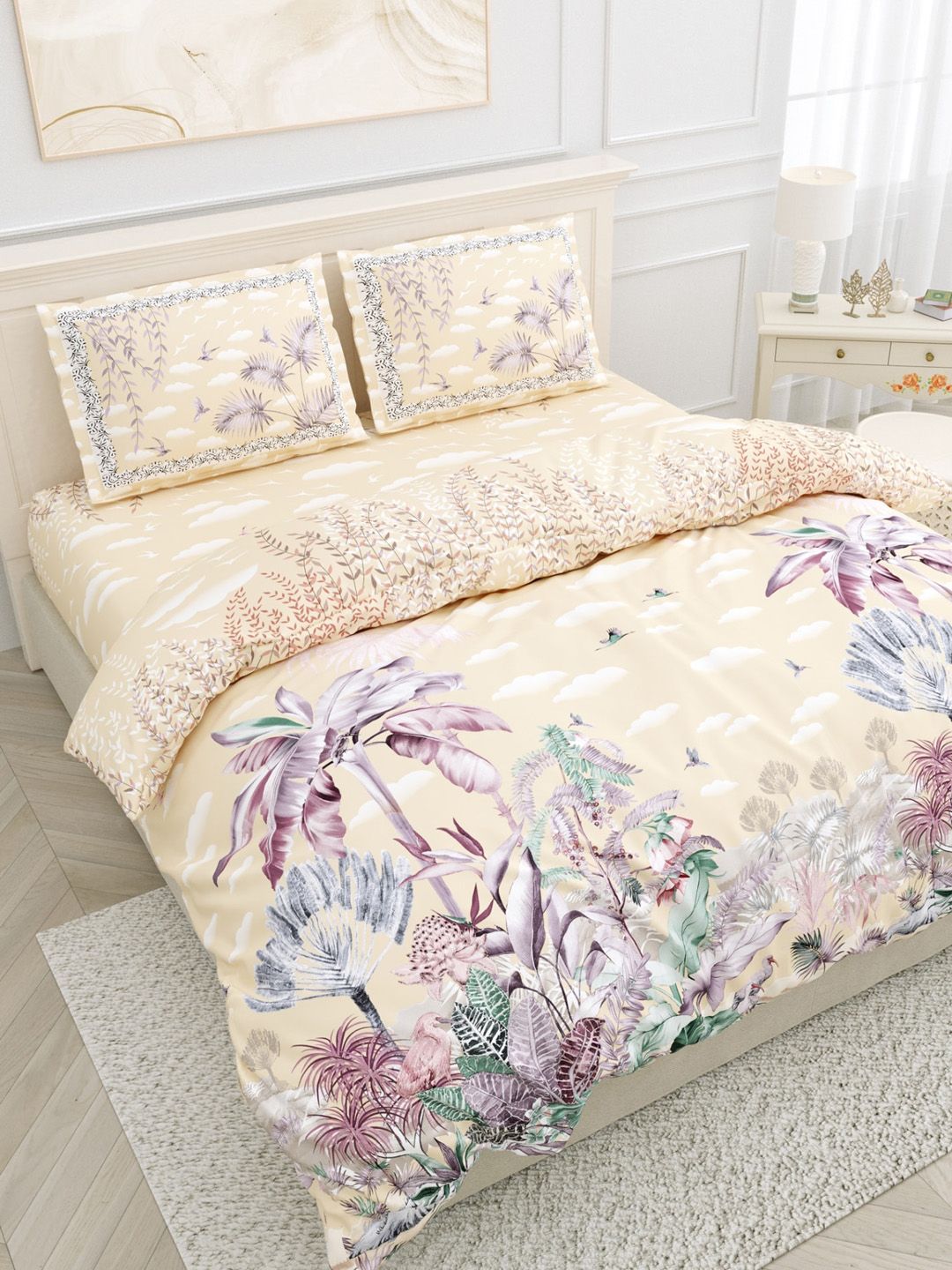 Salona Bichona Beige & Purple 180 TC Floral Pure Cotton King Bedsheet with 2 Pillow Covers Price in India