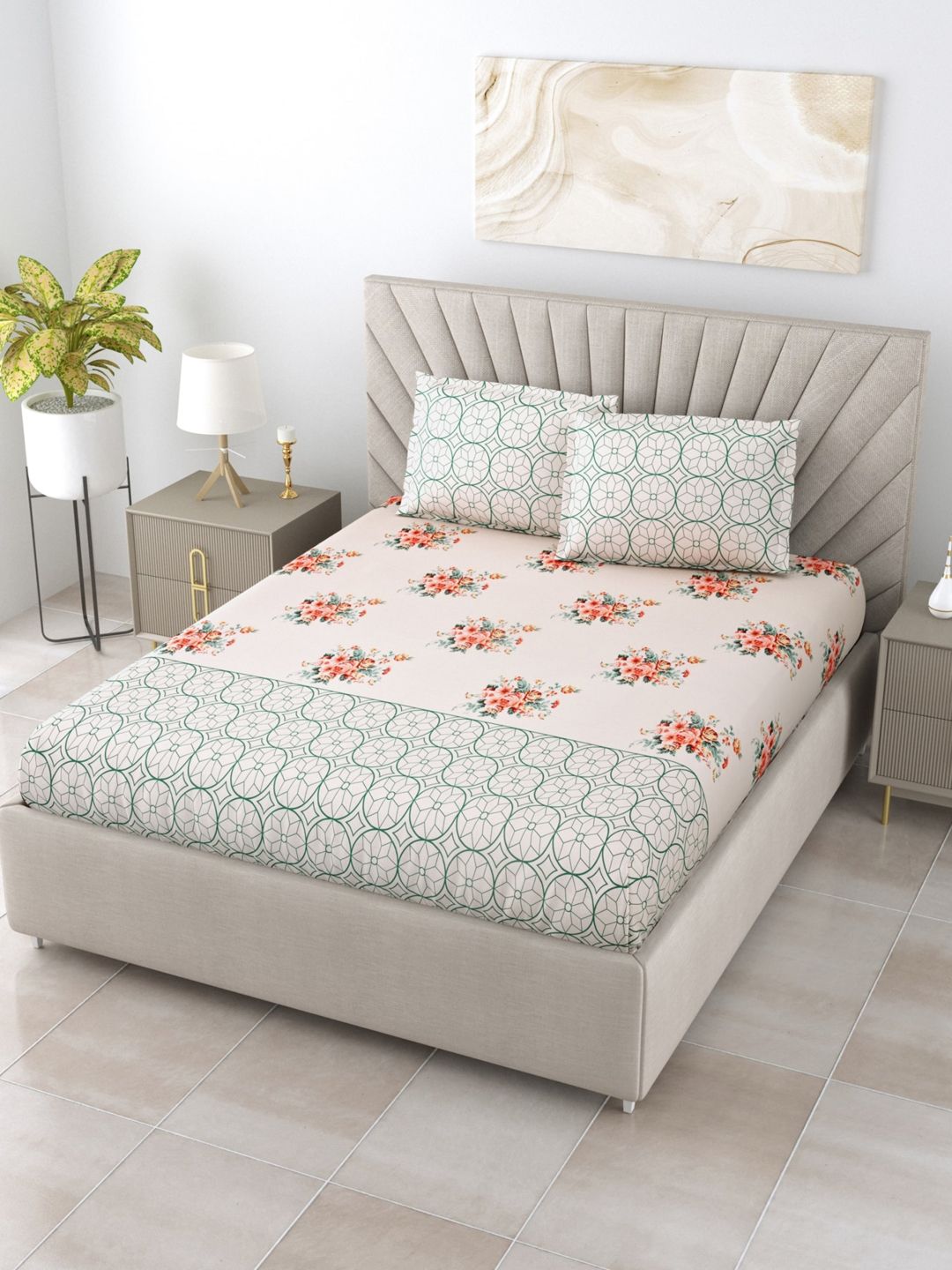 Salona Bichona Peach & Blue 144 TC Floral Pure Cotton King Bedsheet with 2 Pillow Covers Price in India