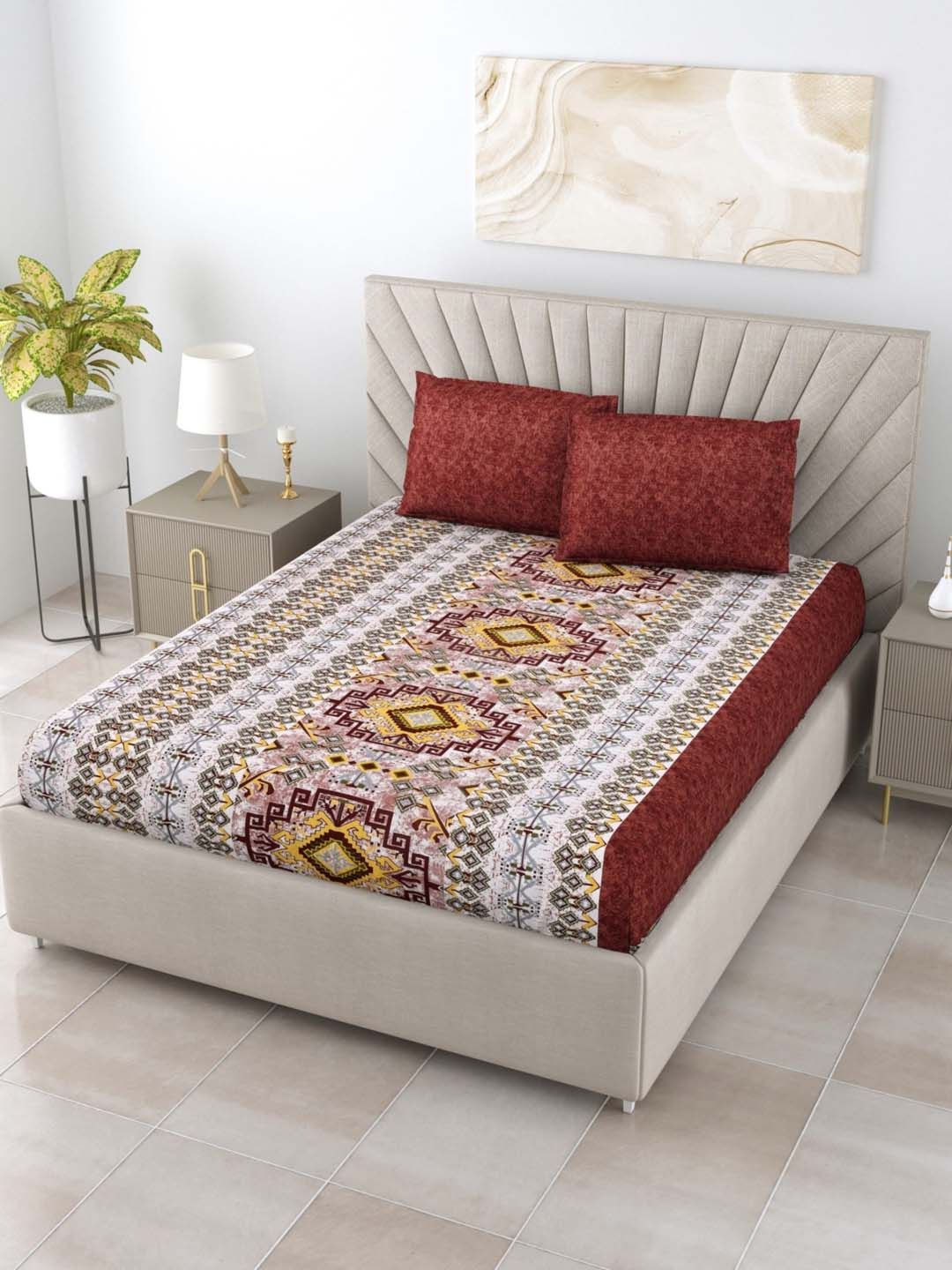 Salona Bichona Maroon & Grey 120 TC Ethnic Pure Cotton Queen Bedsheet with 2 Pillow Covers Price in India