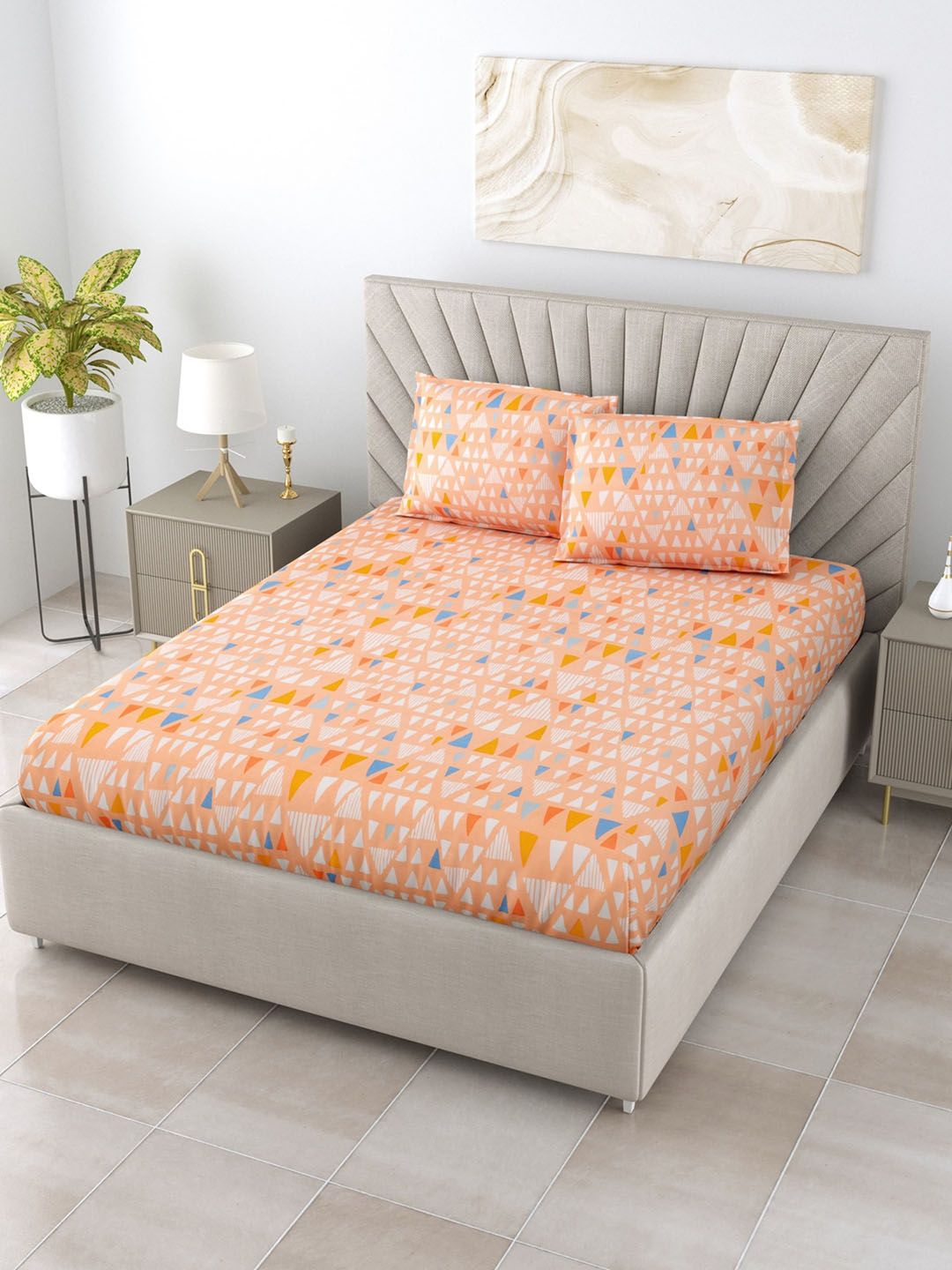 Salona Bichona Peach & Blue 144 TC Geometric Polyester King Bedsheet with 2 Pillow Covers Price in India