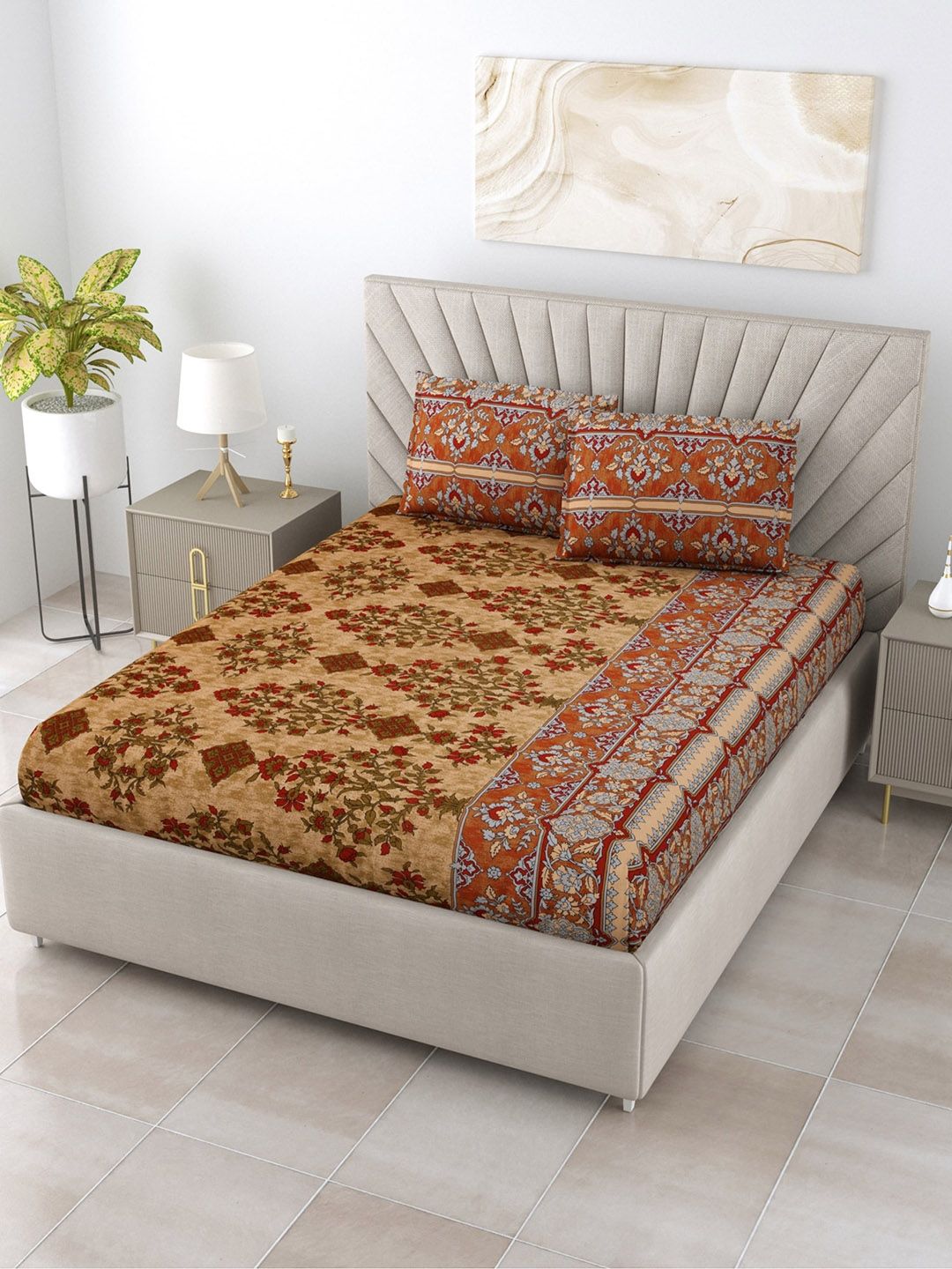 Salona Bichona Yellow & Red 120 TC Ethnic Pure Cotton Queen Bedsheet with 2 Pillow Covers Price in India