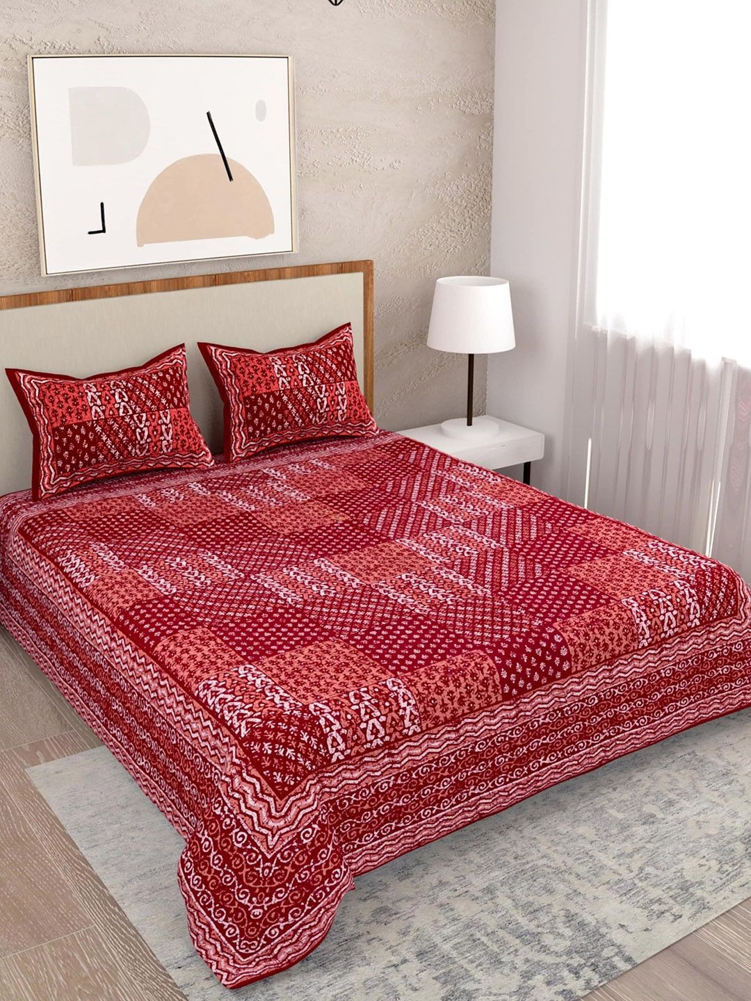 Salona Bichona Red & White 120 TC Floral Pure Cotton Queen Bedsheet with 2 Pillow Covers Price in India