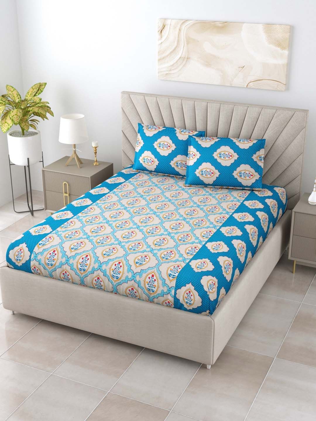 Salona Bichona Ethnic Motifs 144 TC Cotton King Bedsheet with 2 Pillow Covers Price in India