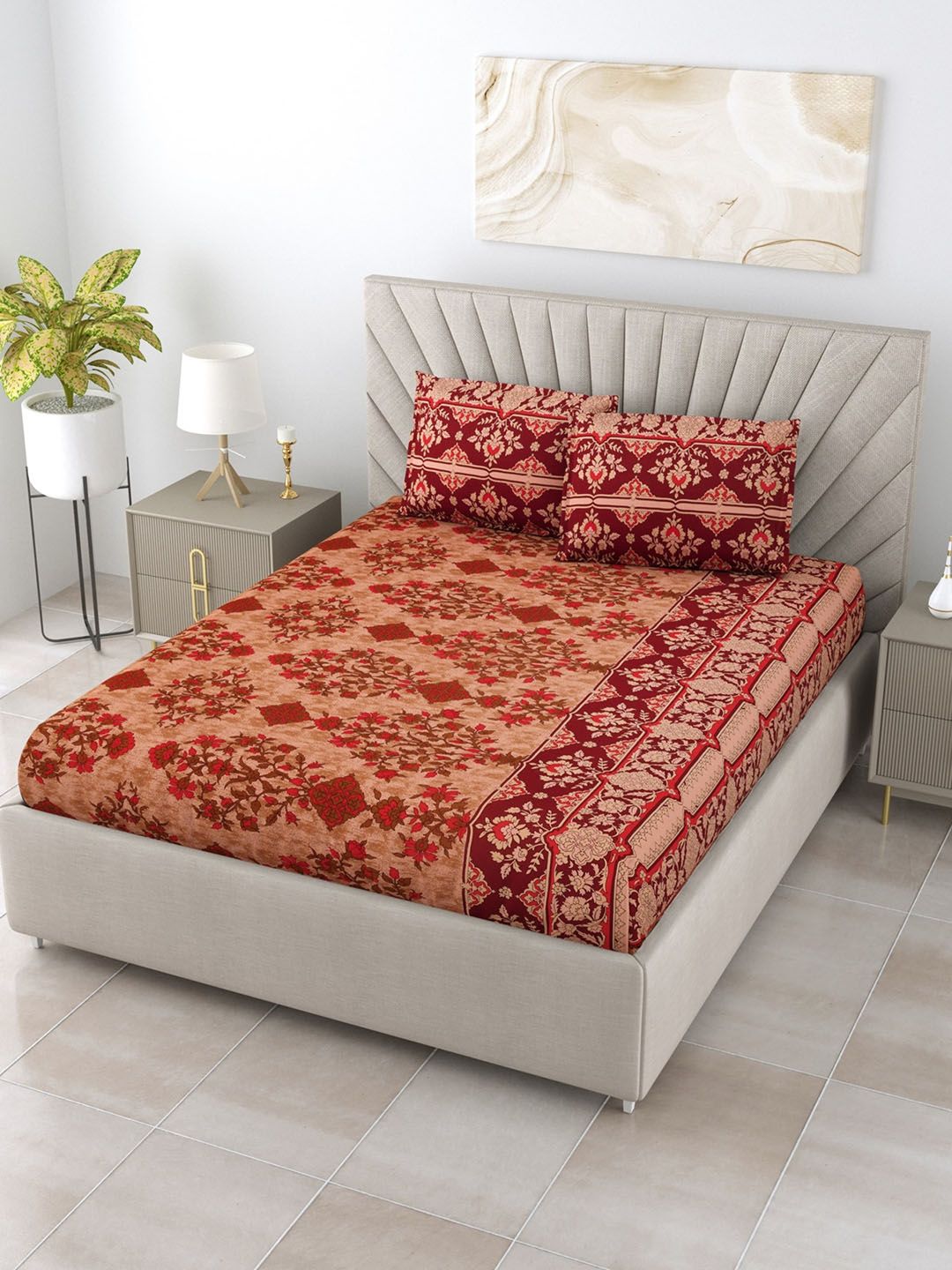 Salona Bichona Ethnic Motifs 120 TC Cotton Queen Bedsheet with 2 Pillow Covers Price in India