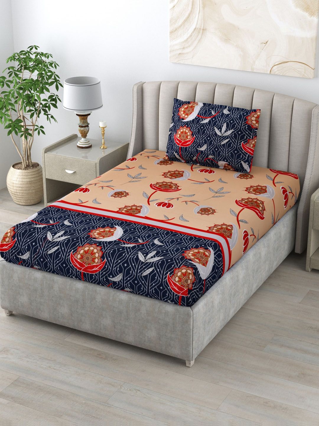 Salona Bichona Beige & Navy 120 TC Floral Pure Cotton Single Bedsheet with a Pillow Cover Price in India