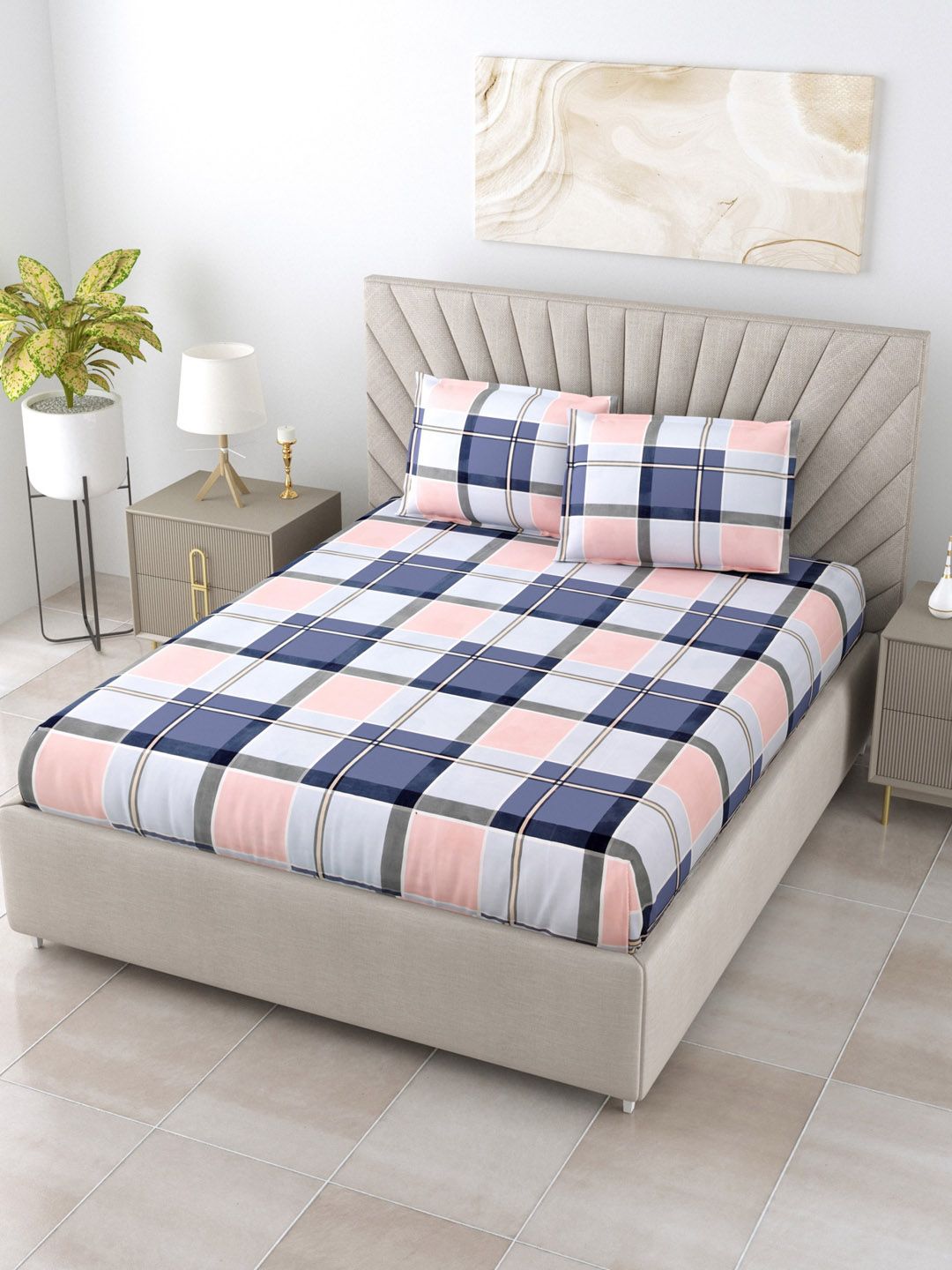 Salona Bichona Blue & Pink 144 TC Geometric Polyester King Bedsheet with 2 Pillow Covers Price in India