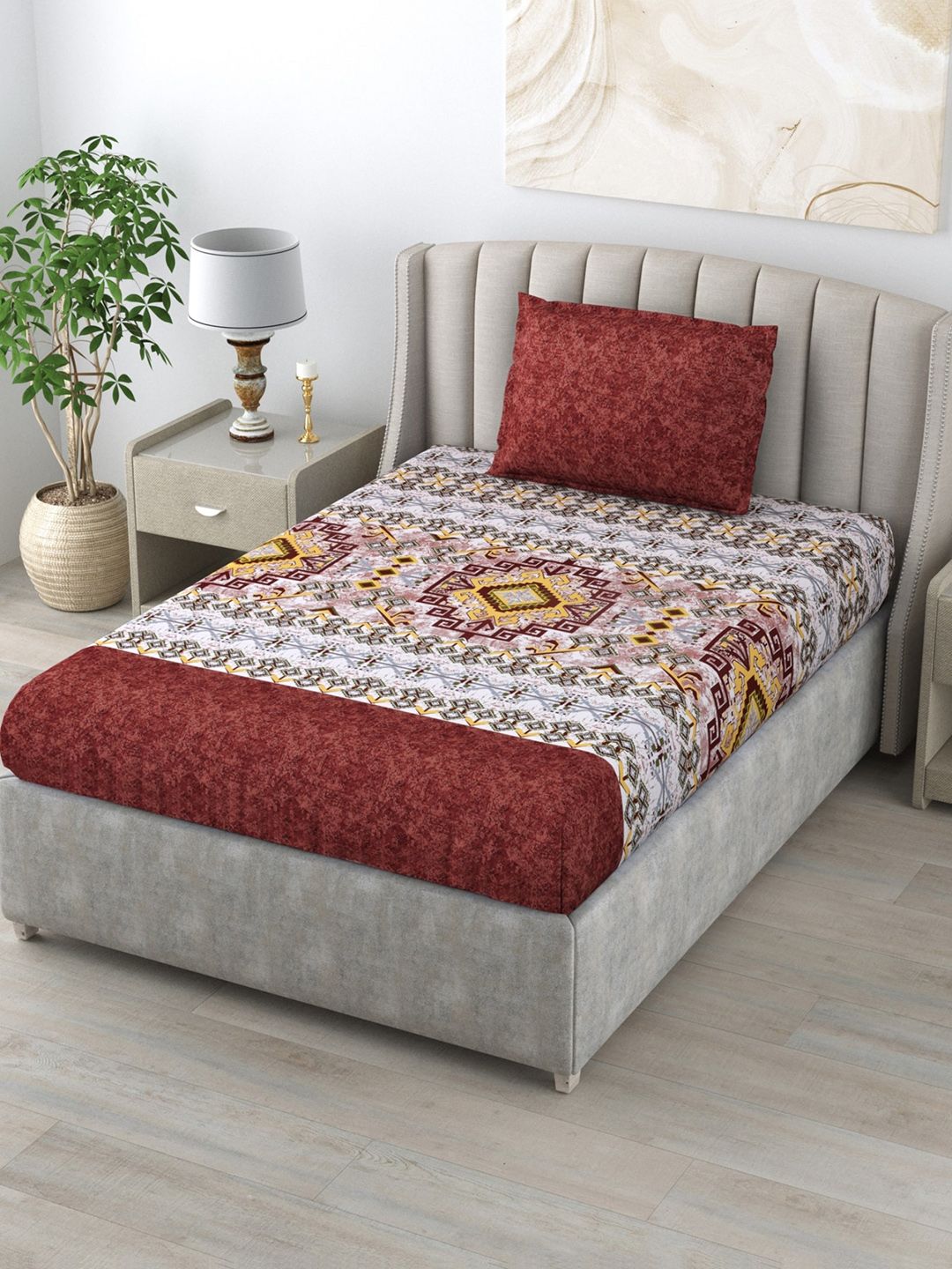 Salona Bichona Maroon & White 120 TC Ethnic Pure Cotton Single Bedsheet with Pillow Cover Price in India