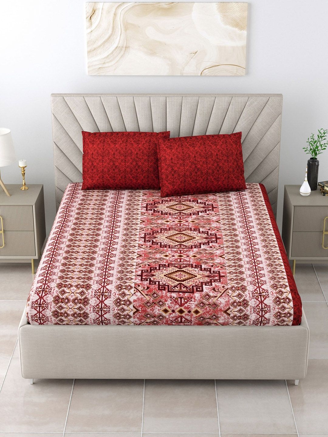Salona Bichona Red & Pink 120 TC Ethnic Pure Cotton Queen Bedsheet with 2 Pillow Covers Price in India