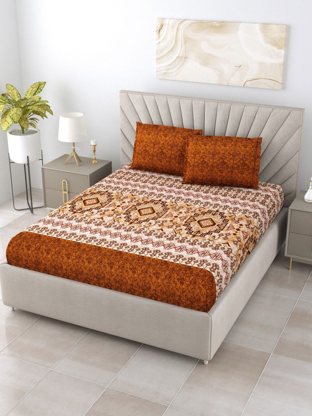 Salona Bichona White & Brown 120 TC Ethnic Pure Cotton King Bedsheet with 2 Pillow Covers Price in India