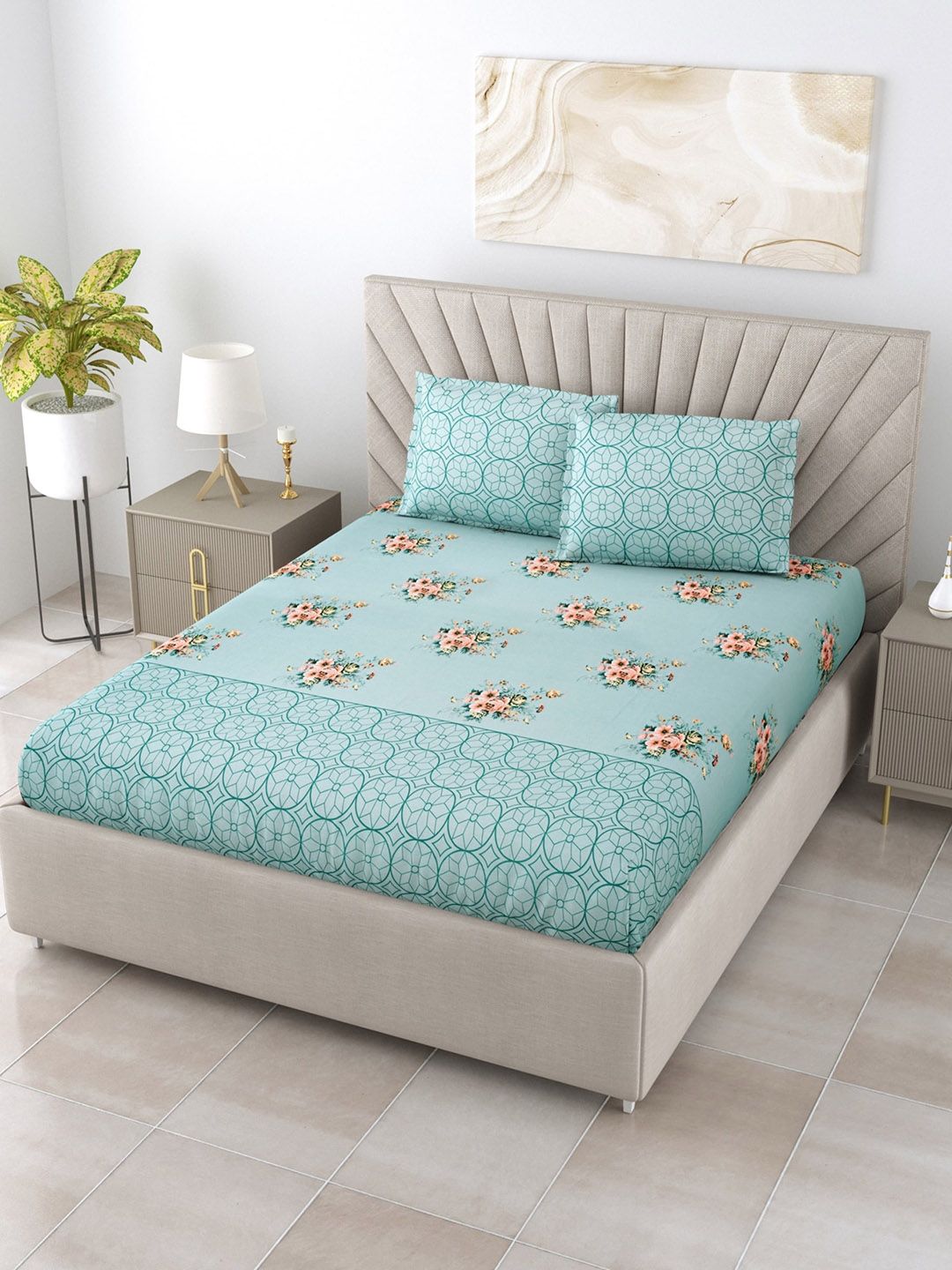 Salona Bichona Turquoise & Peach 144 TC Floral Pure Cotton King Bedsheet & 2 Pillow Covers Price in India