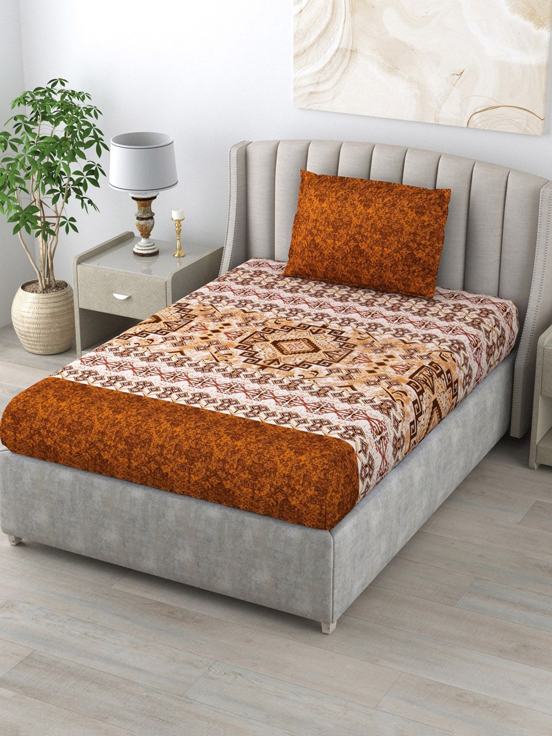Salona Bichona White & Brown 120 TC Floral Pure Cotton Single Bedsheet & Pillow Cover Price in India