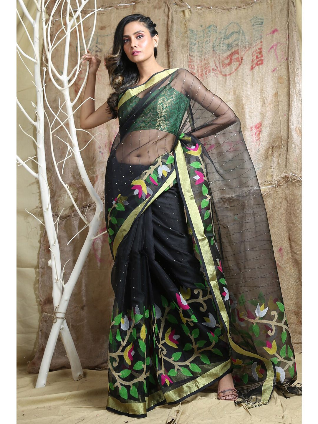 Arhi Black & Green Floral Woven Design Sequinned Zari Pure Silk Saree Price in India