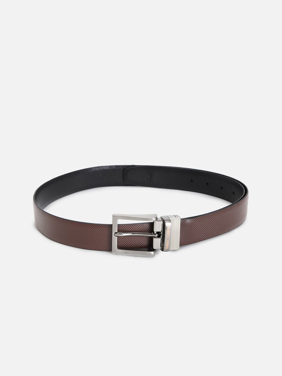 SIMON CARTER LONDON Men Black & Black Textured Reversible Leather Formal Belt