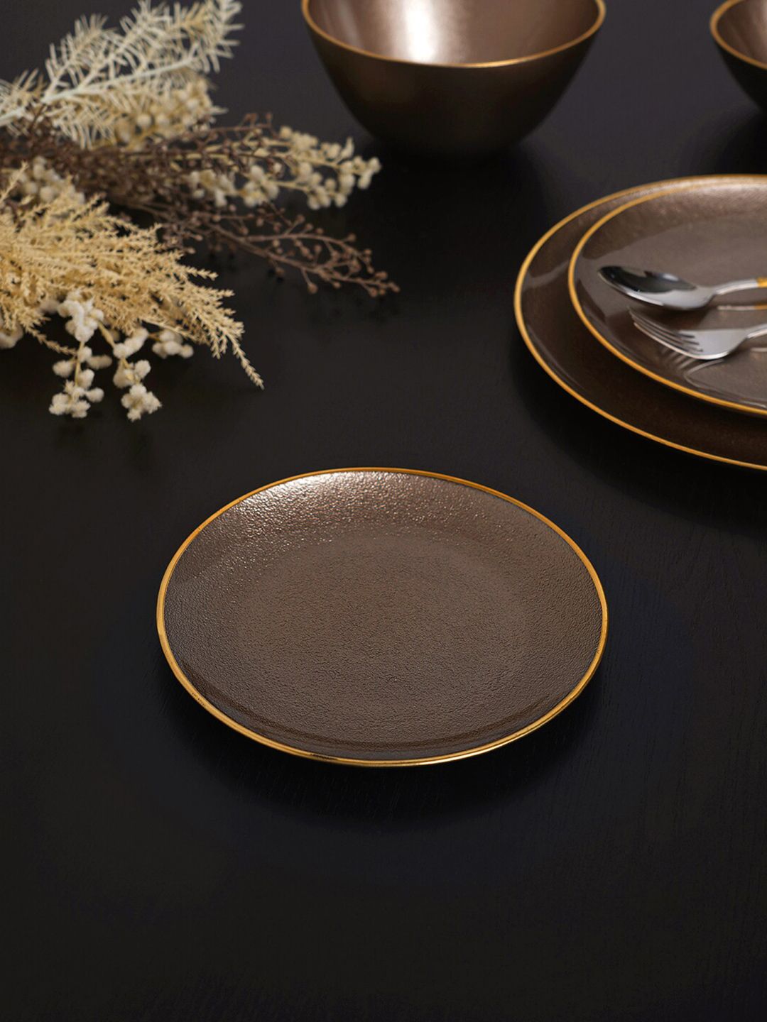 Pure Home and Living Brown & Gold-Toned 1 Pieces Glass Matte Plates Price in India