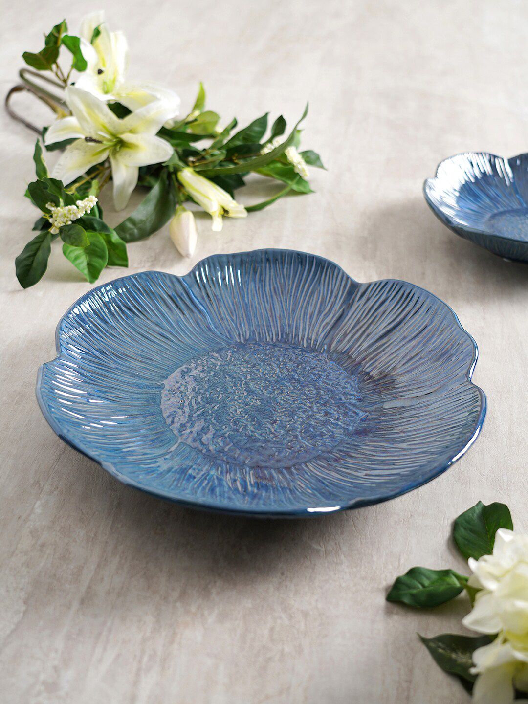 Pure Home and Living Blue Solid Floral-Shaped Large Platter Price in India