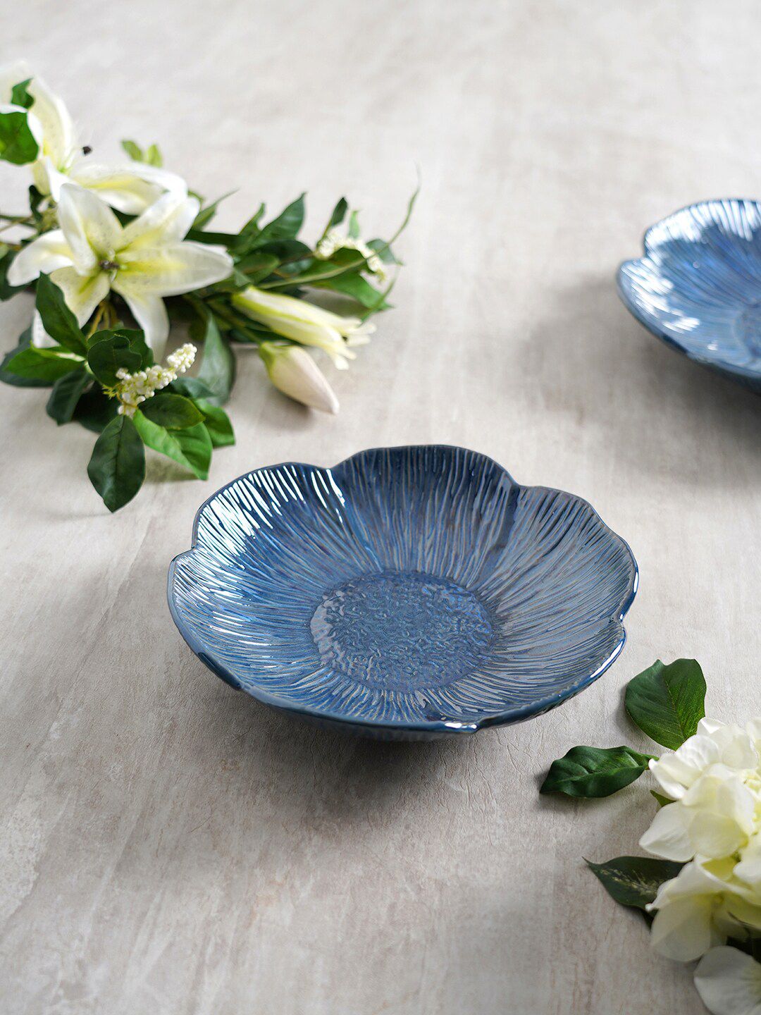 Pure Home and Living Blue  Textured Ceramic Food Platter Price in India