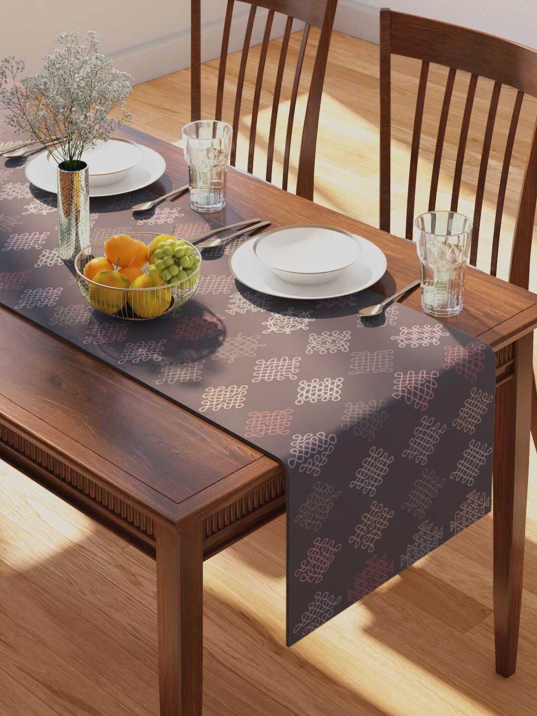 PETAL HOME Brown Printed 100% Cotton Table Runner Price in India
