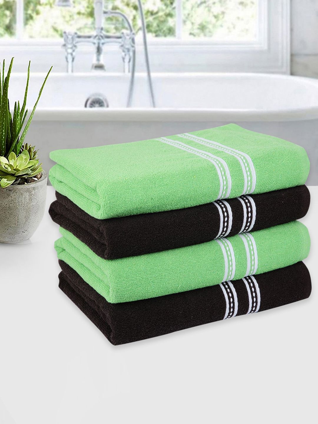 ROMEE Set Of 4 Green & Brown Solid 500 GSM Cotton Bath Towels Price in India