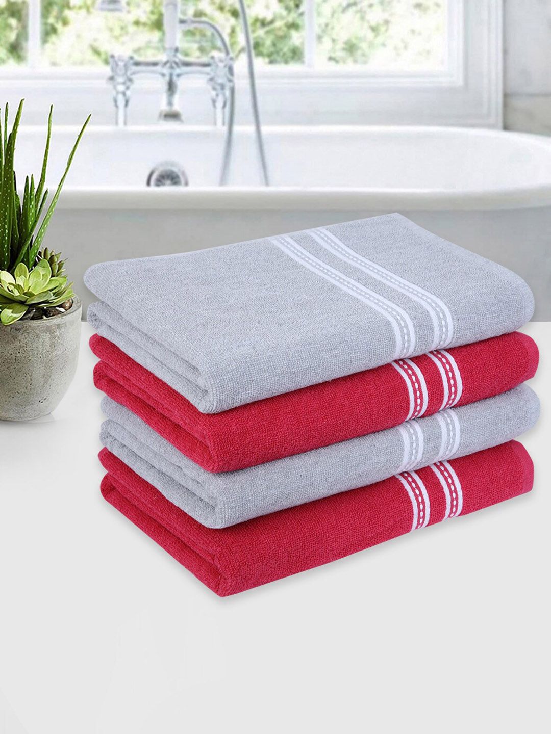 ROMEE Set Of 4 Pink & Silver Solid 500 GSM Cotton Bath Towels Price in India