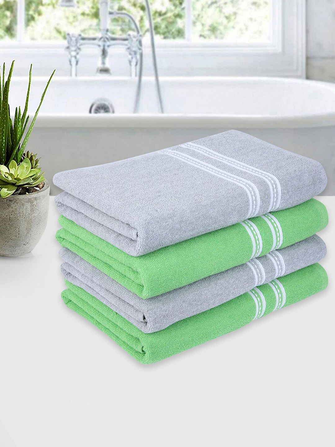 ROMEE Set Of 4 Green & Silver Solid 500 GSM Cotton Bath Towels Price in India