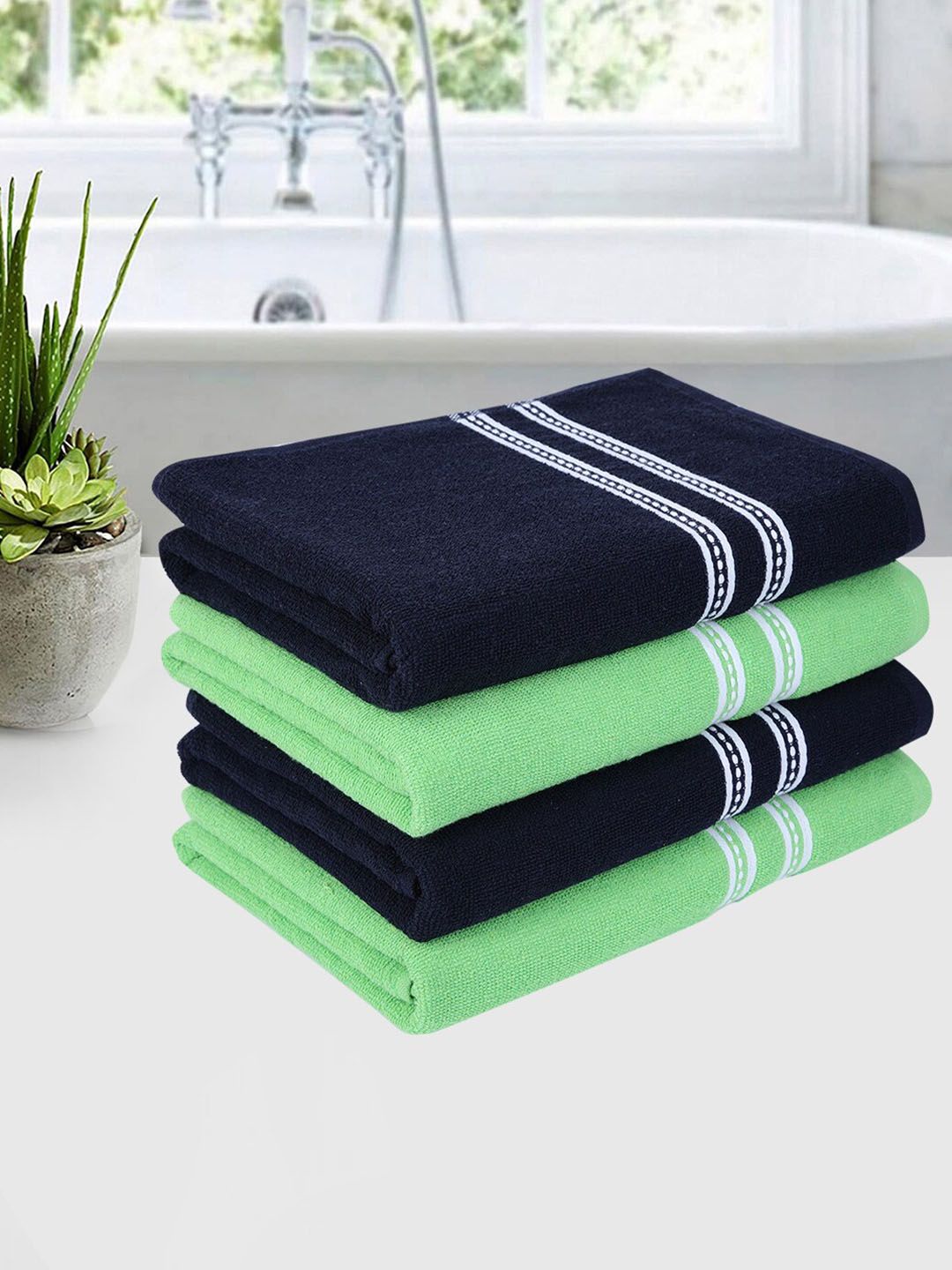 ROMEE Set Of 4 Green & Navy Blue Solid 500 GSM Cotton Bath Towels Price in India