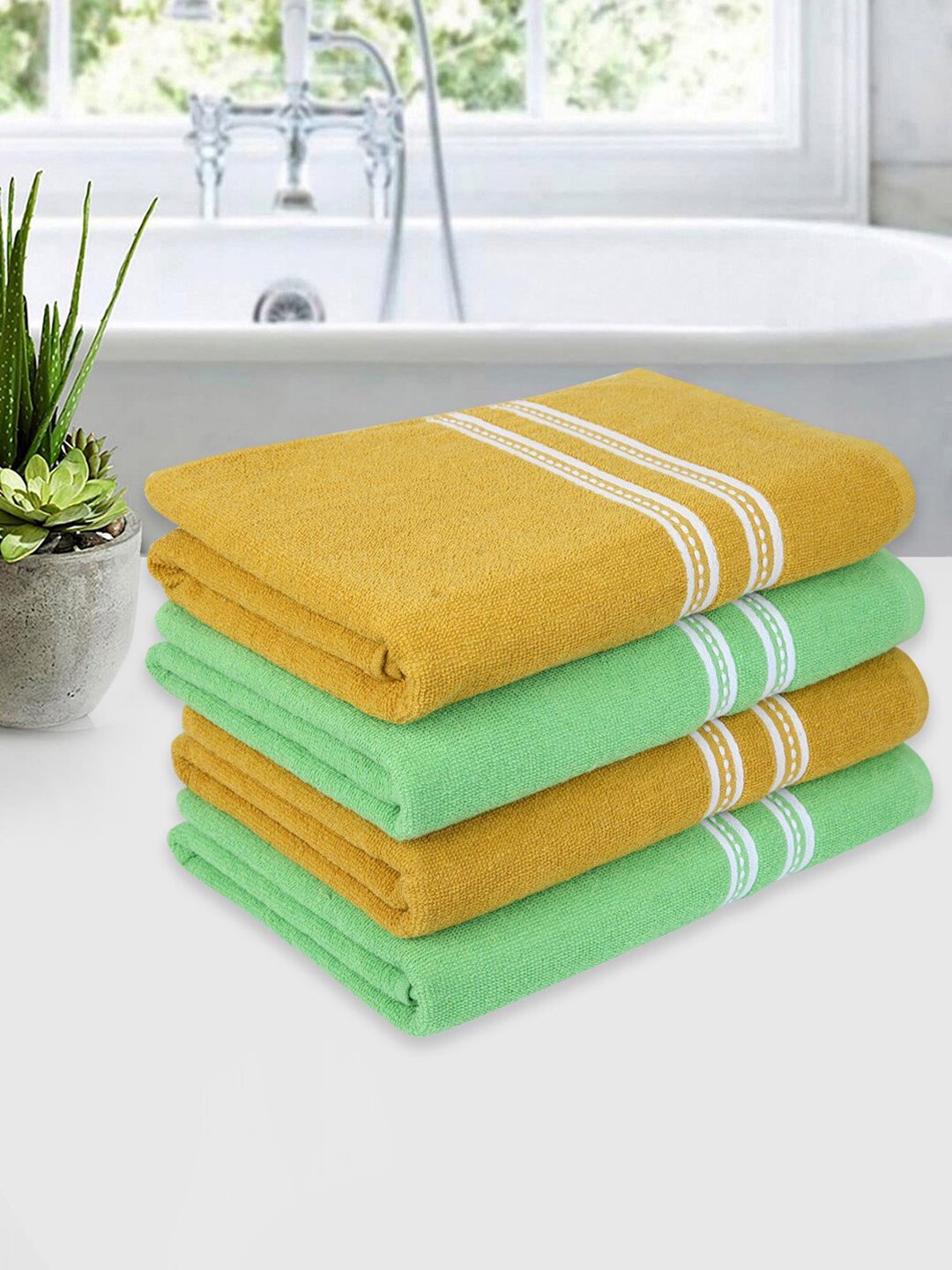ROMEE Set Of 4 Yellow & Green Solid 500 GSM Cotton Bath Towels Price in India