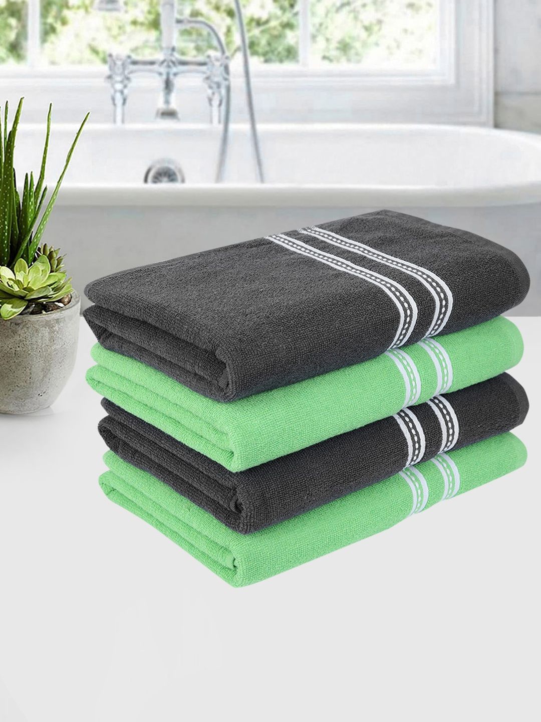 ROMEE Set Of 4 Green & Grey Solid 500 GSM Cotton Bath Towels Price in India