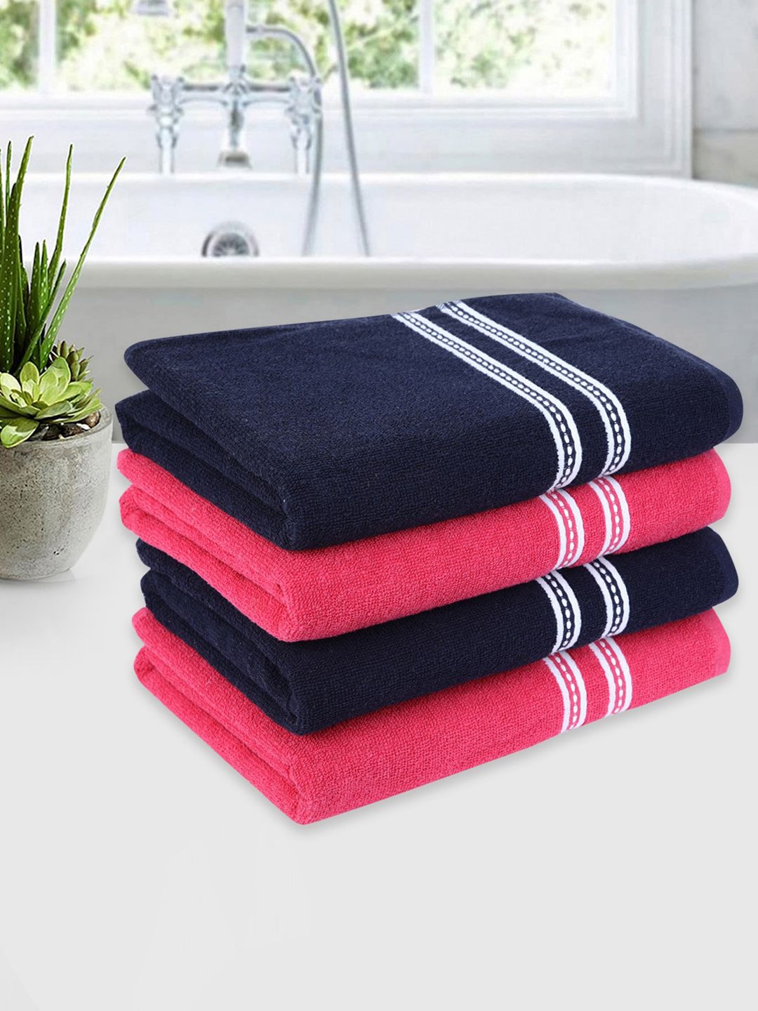 ROMEE Set Of 4 Pink & Navy Blue Solid 500 GSM Cotton Bath Towels Price in India
