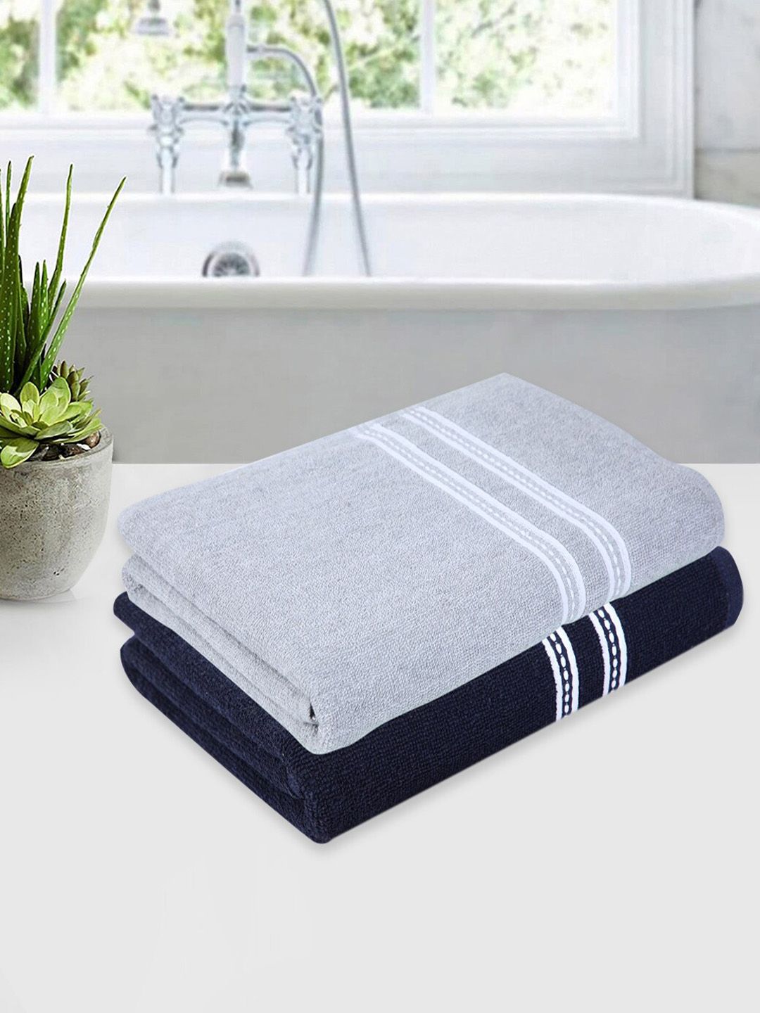 ROMEE Pack Of 4 Silver & Navy Blue Solid 500 GSM Cotton Bath Towels Price in India