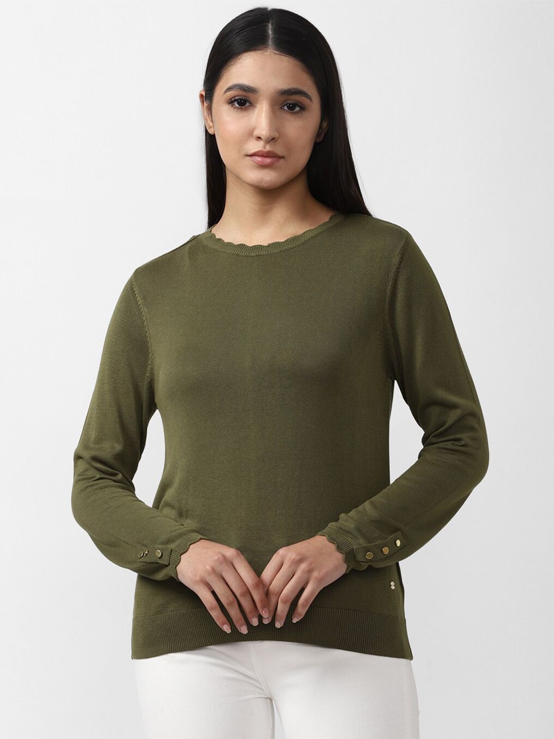 Van Heusen Woman Olive Green Solid Long Sleeves Top Price in India