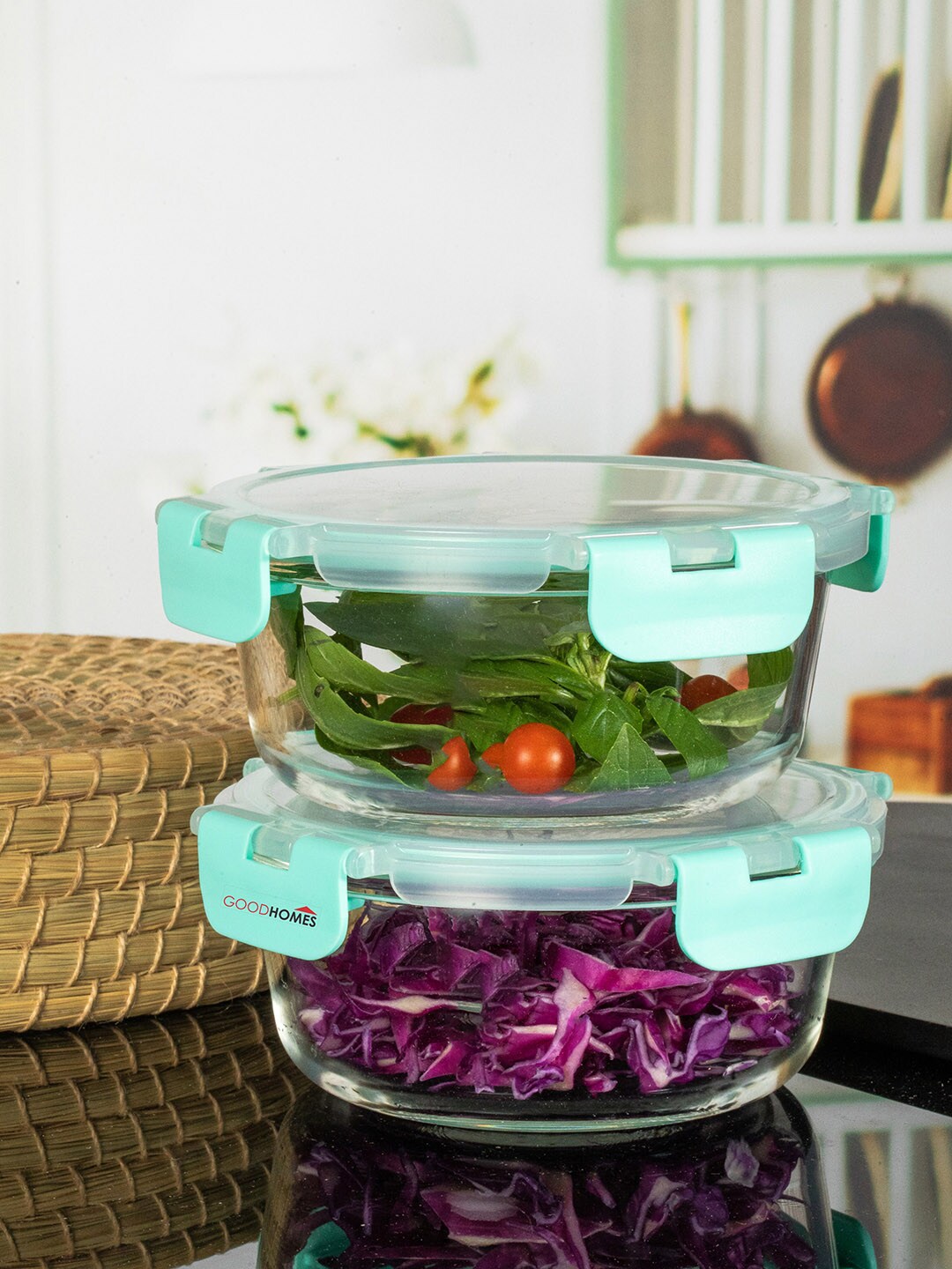 GOODHOMES Set Of 2 Transparent & Green Solid Airtight Food Containers Price in India